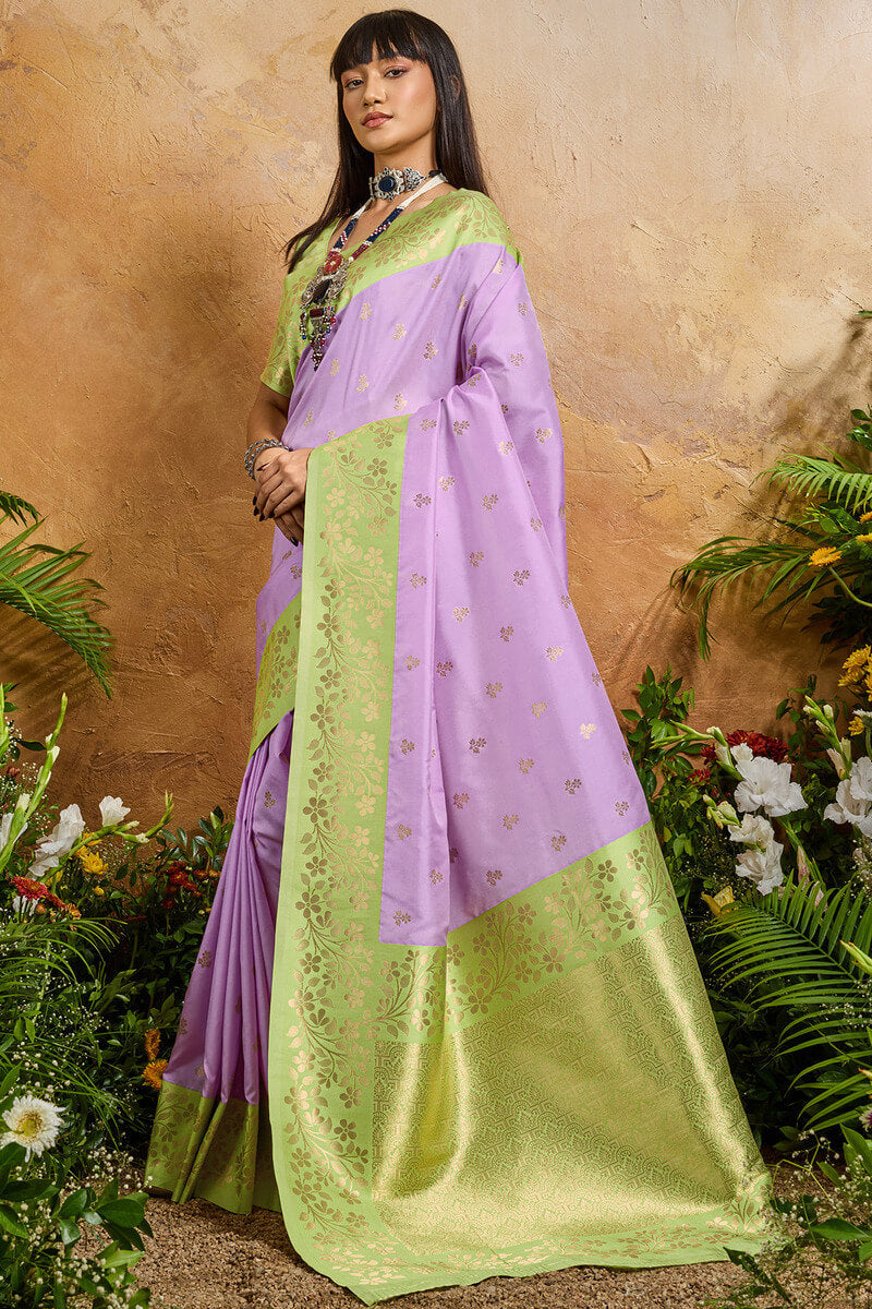Evocative Lavender Pure Zari Weaving Banarasi Silk Saree With Sophisticated Blouse Piece
