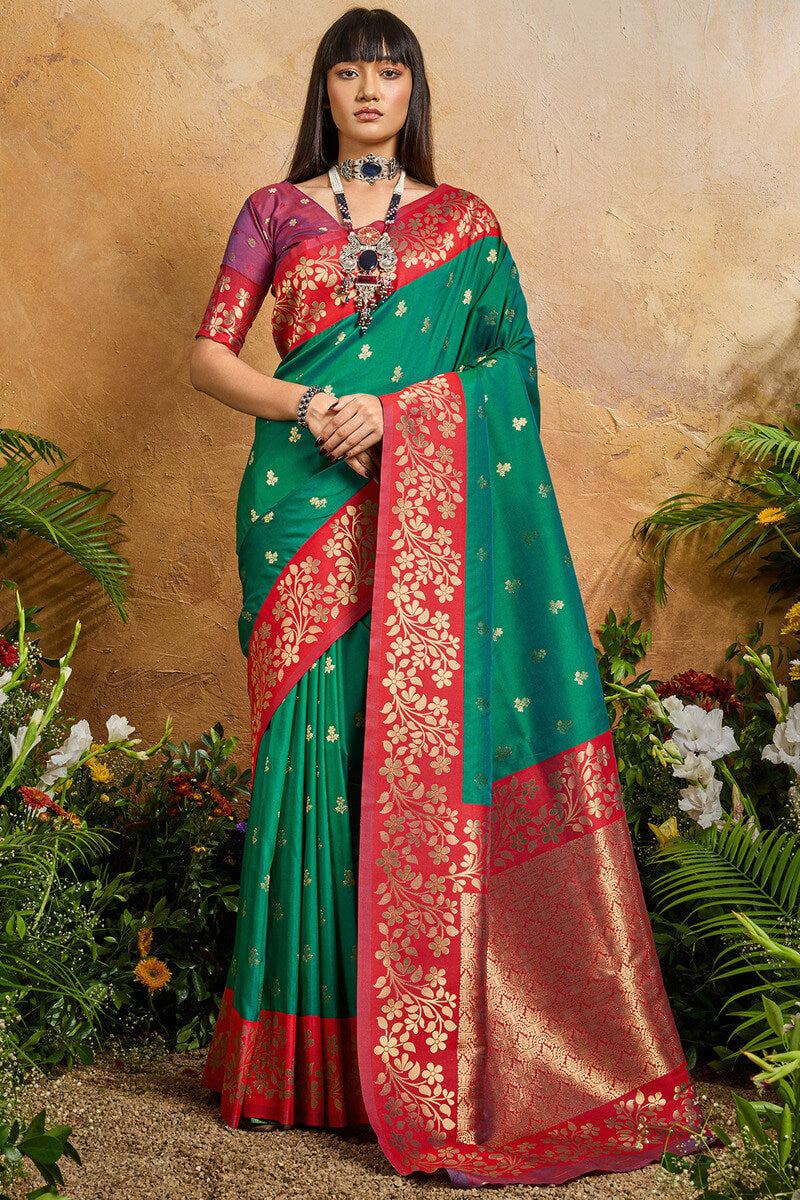 Exuberant Dark Green Pure Zari Weaving Banarasi Silk Saree With Adoring Blouse Piece