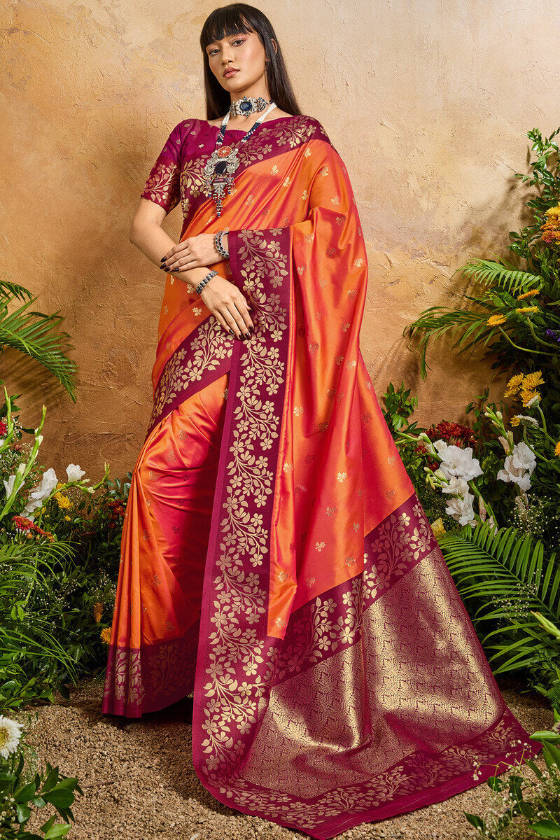 Prettiest Orange Pure Zari Weaving Banarasi Silk Saree With Tantalizing Blouse Piece