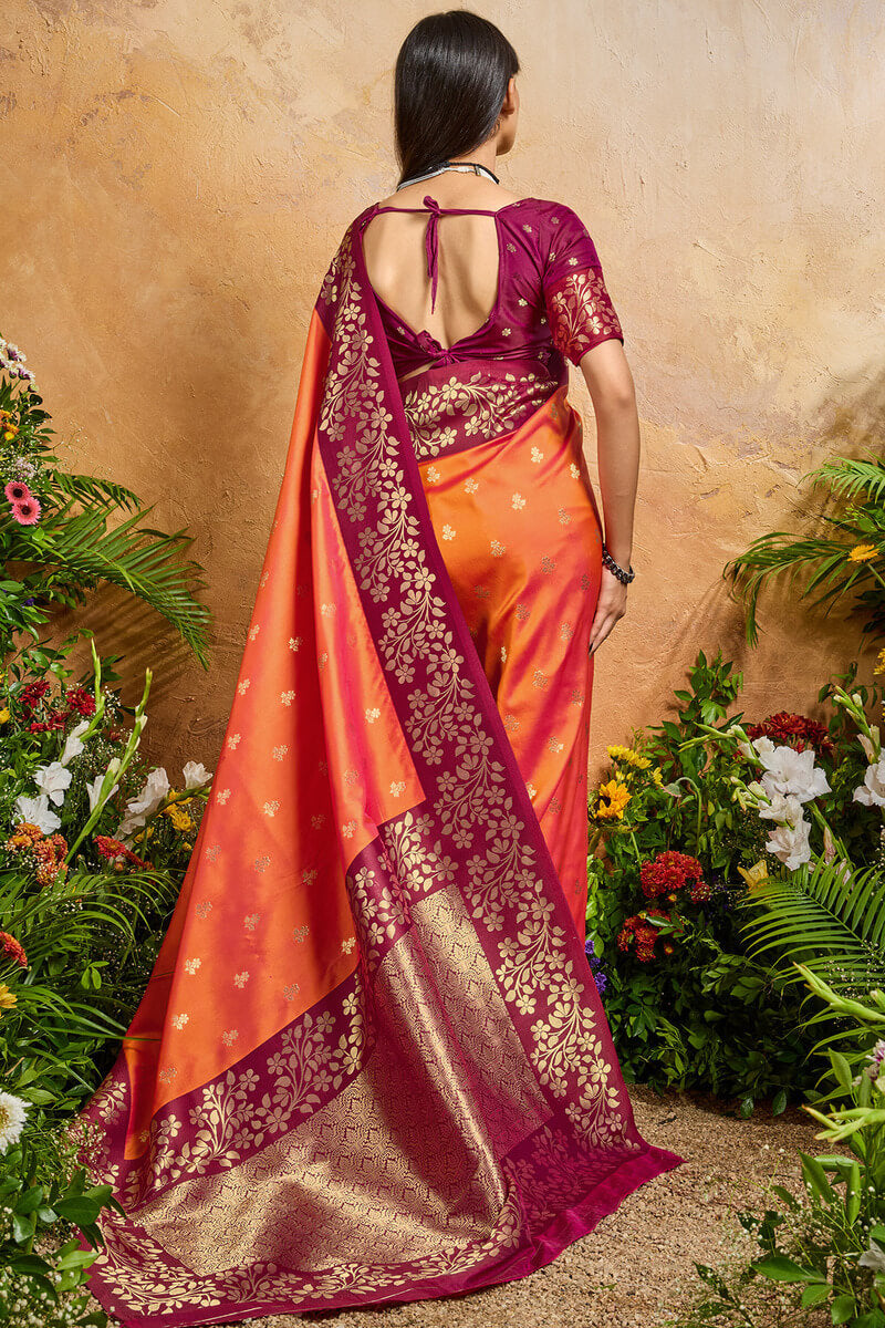 Prettiest Orange Pure Zari Weaving Banarasi Silk Saree With Tantalizing Blouse Piece