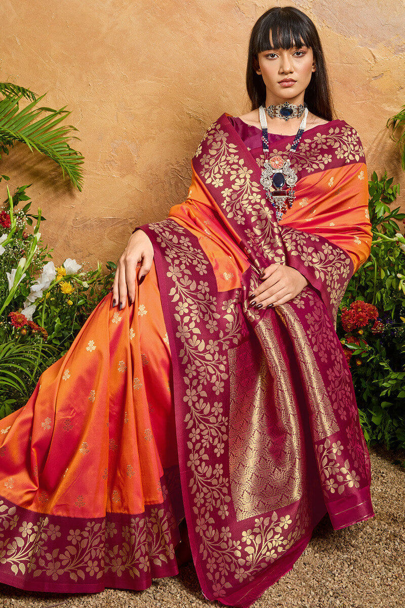 Prettiest Orange Pure Zari Weaving Banarasi Silk Saree With Tantalizing Blouse Piece