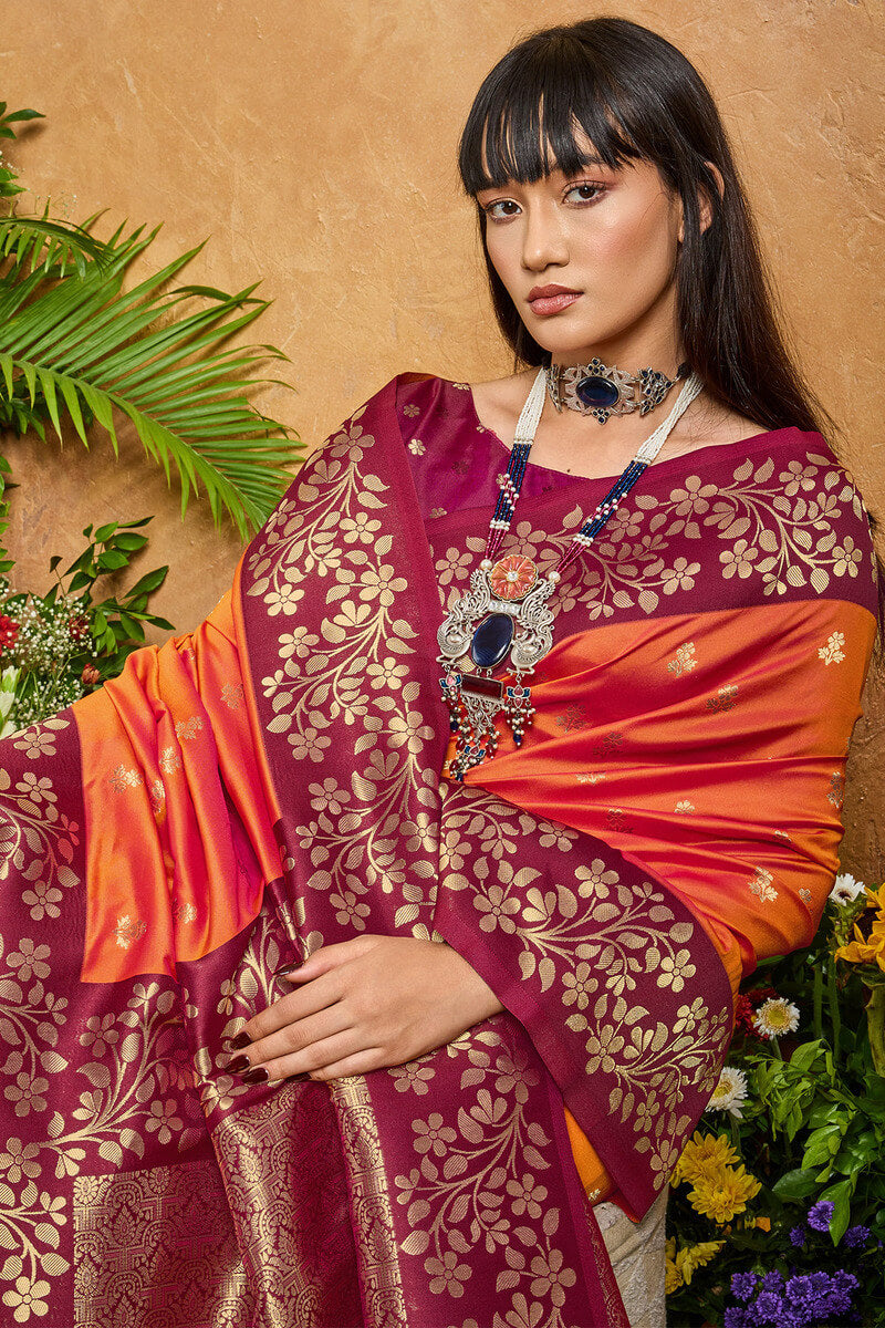 Prettiest Orange Pure Zari Weaving Banarasi Silk Saree With Tantalizing Blouse Piece