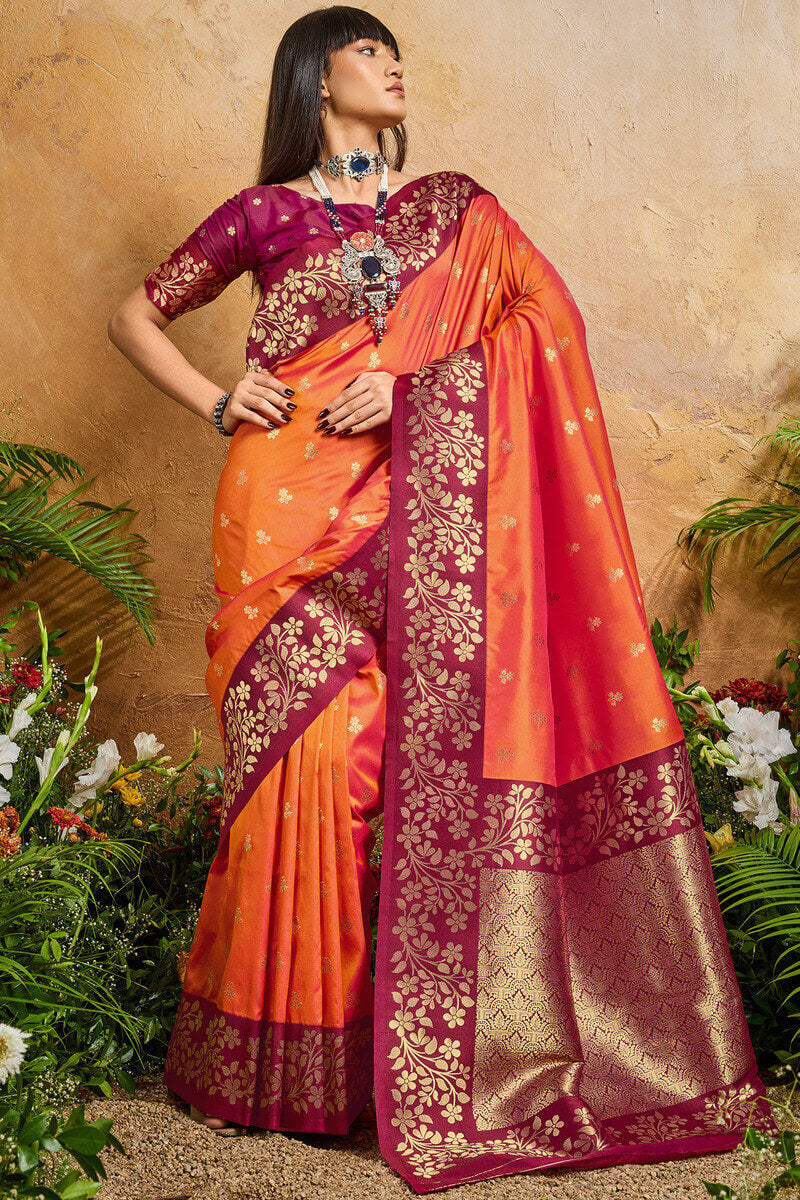 Prettiest Orange Pure Zari Weaving Banarasi Silk Saree With Tantalizing Blouse Piece