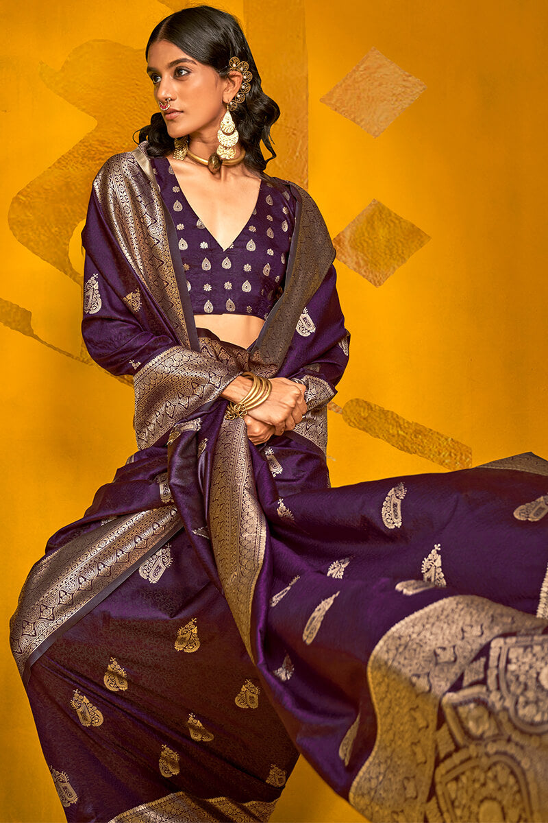 Entrancing Purple Soft Banarasi Silk Saree With Beauteous Blouse Piece