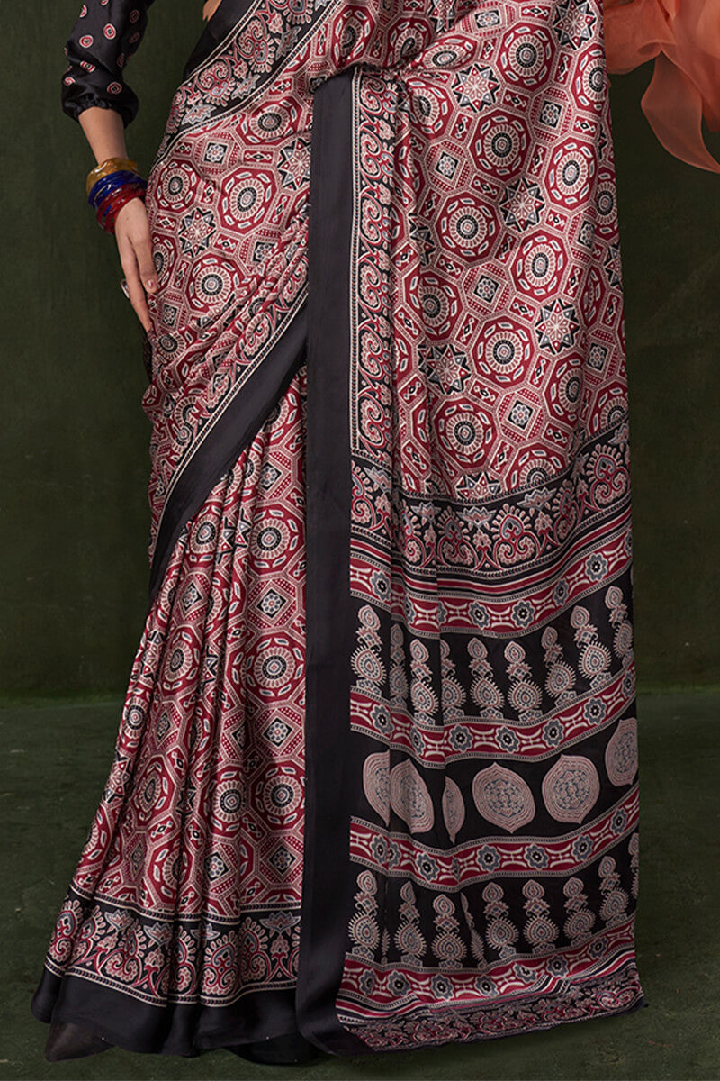 Grandiose Black Ajrakh Printed Satin Silk Saree With Propinquity Blouse Piece
