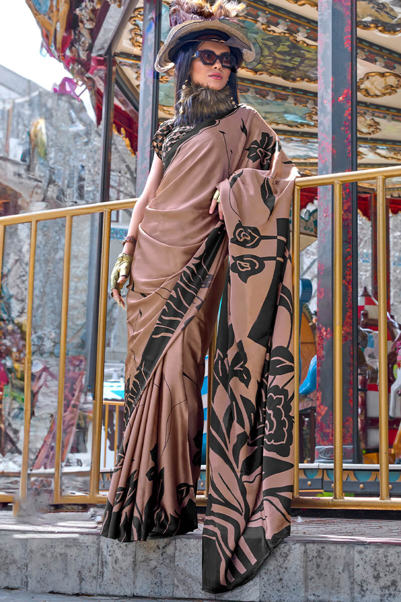 Demesne Brown Digital Printed Satin Silk Saree With Serendipity Blouse Piece