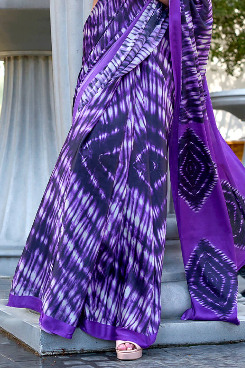 Majestic Royal Purple Digital Printed Satin Silk Saree With Imaginative Blouse Piece