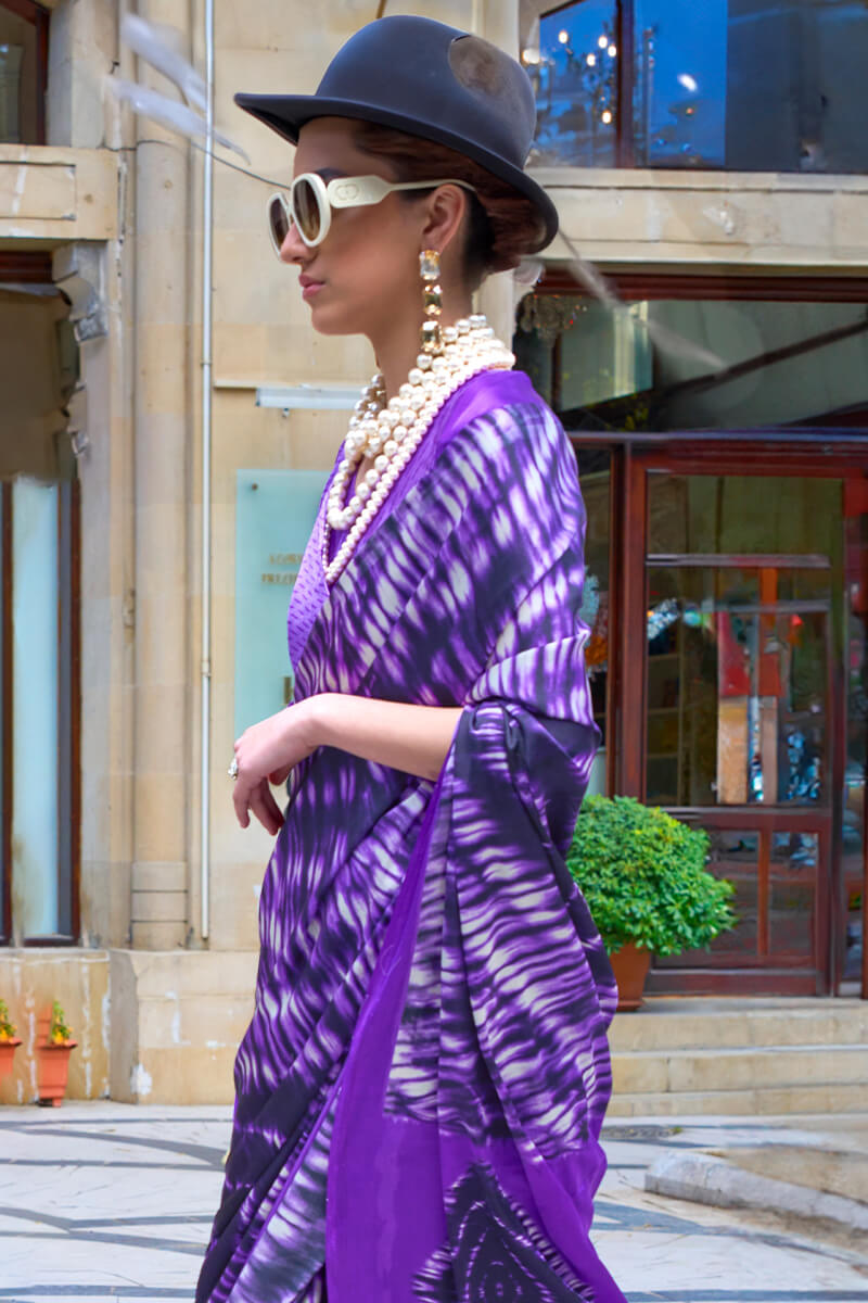 Majestic Royal Purple Digital Printed Satin Silk Saree With Imaginative Blouse Piece