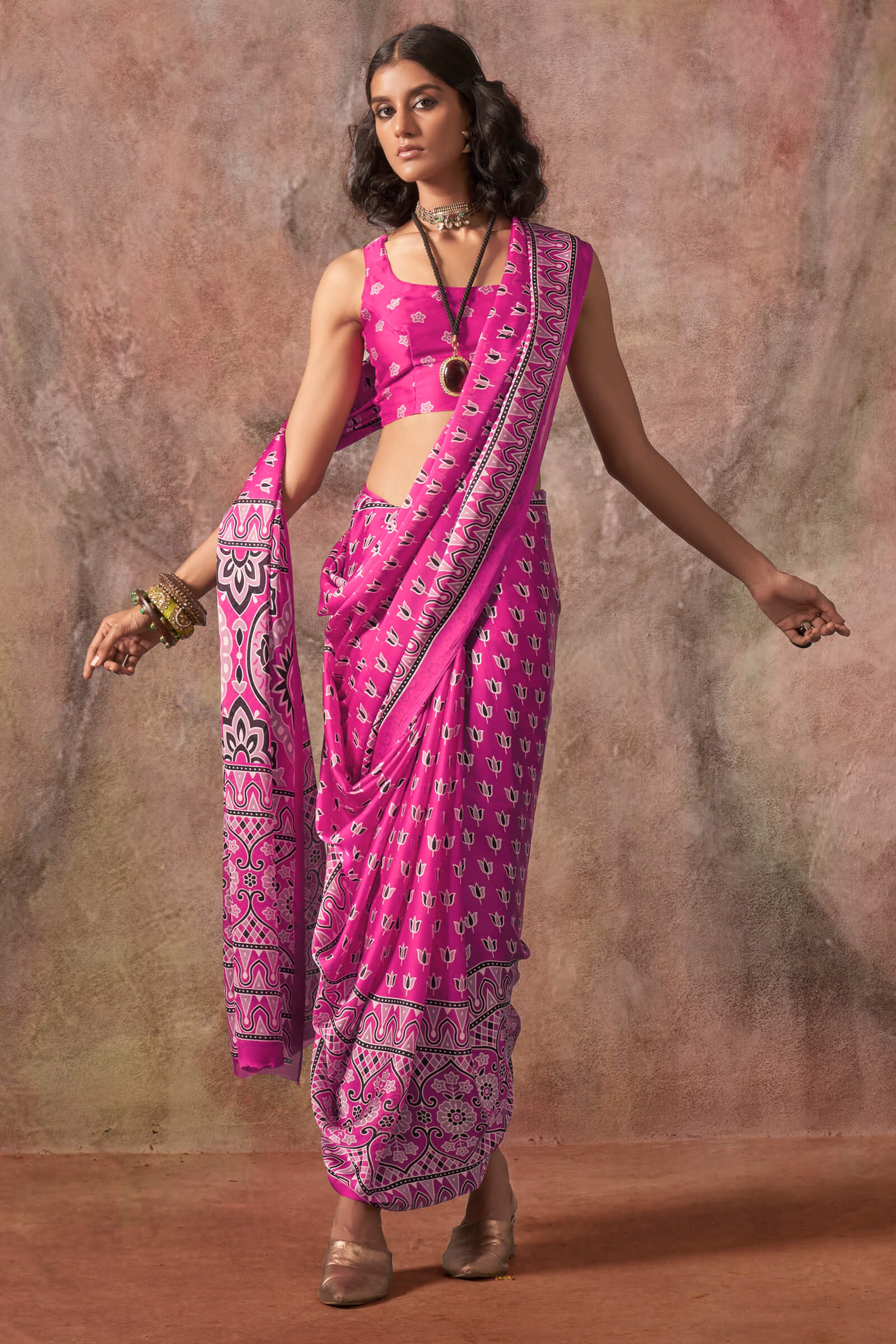 Assemblage Dark Pink Ajrakh Printed Satin Silk Saree With Sophisticated Blouse Piece