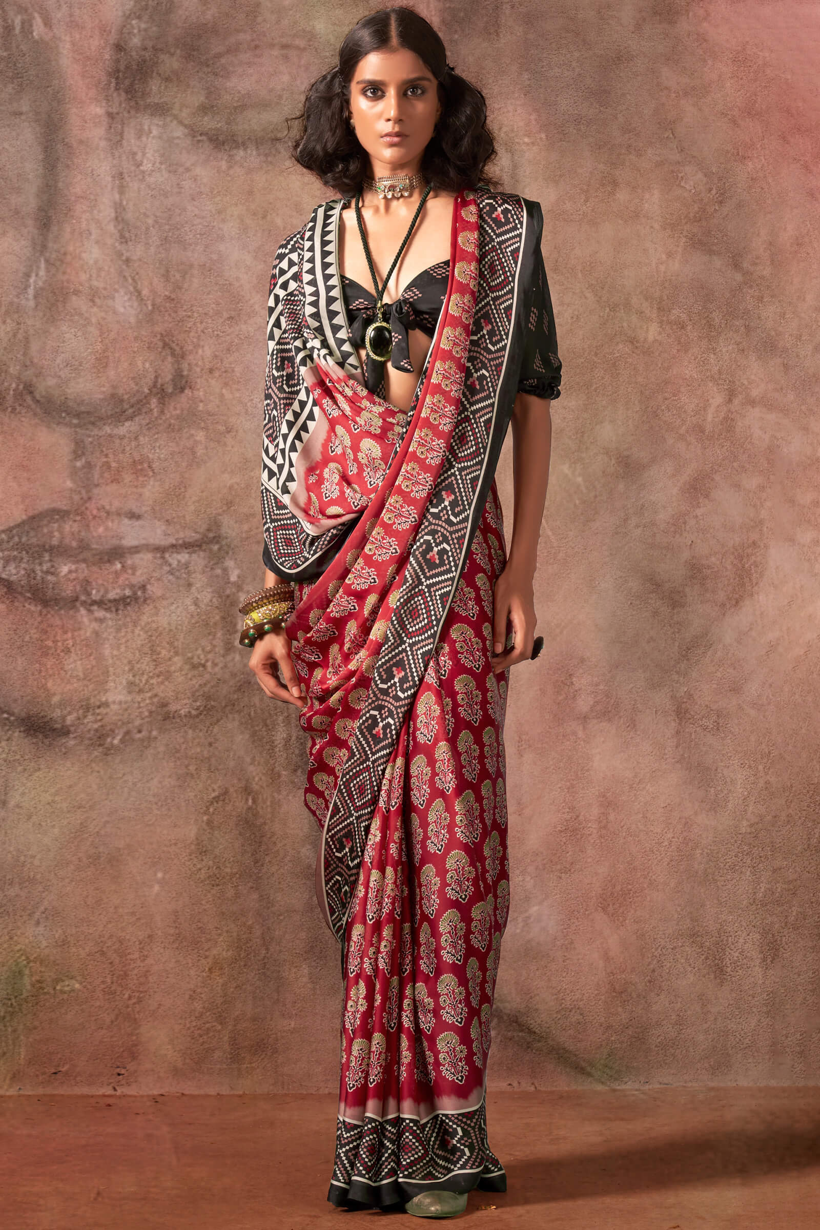 Demesne Red Ajrakh Printed Satin Silk Saree With Embrocation Blouse Piece