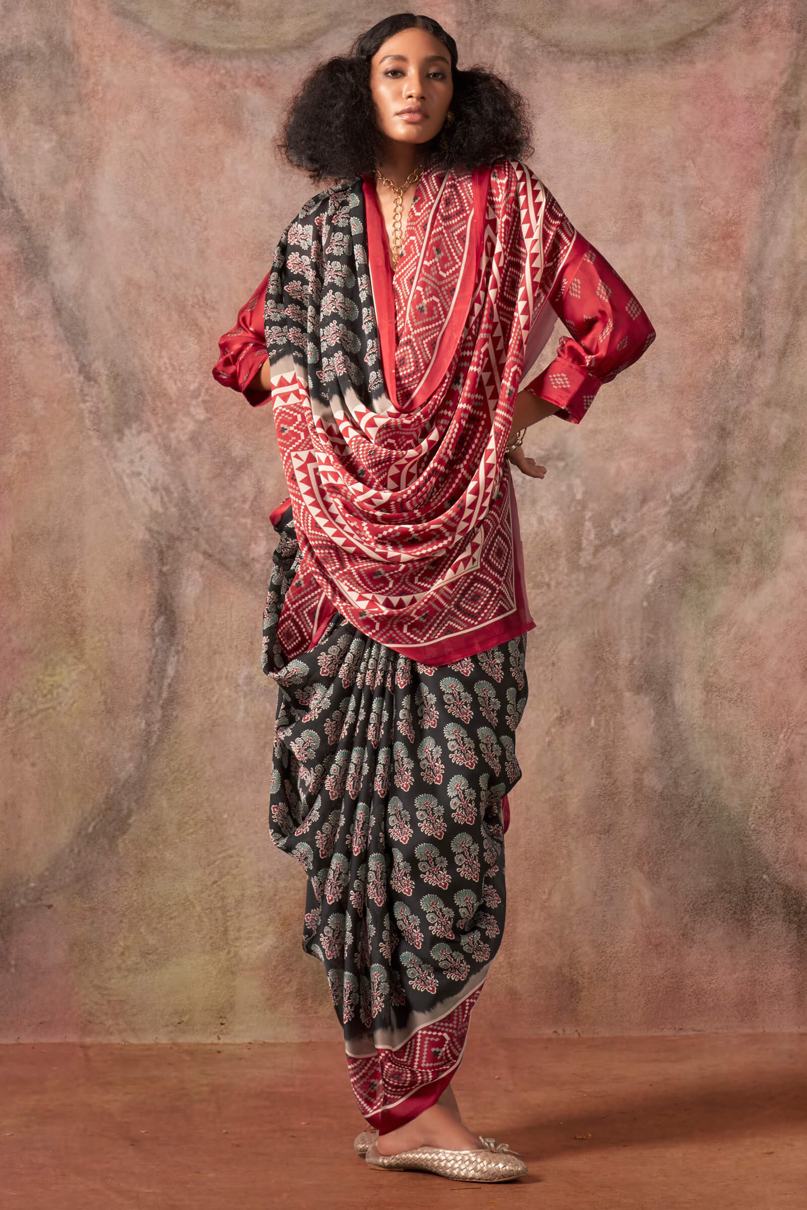 Desuetude Black Ajrakh Printed Satin Silk Saree With Glorious Blouse Piece