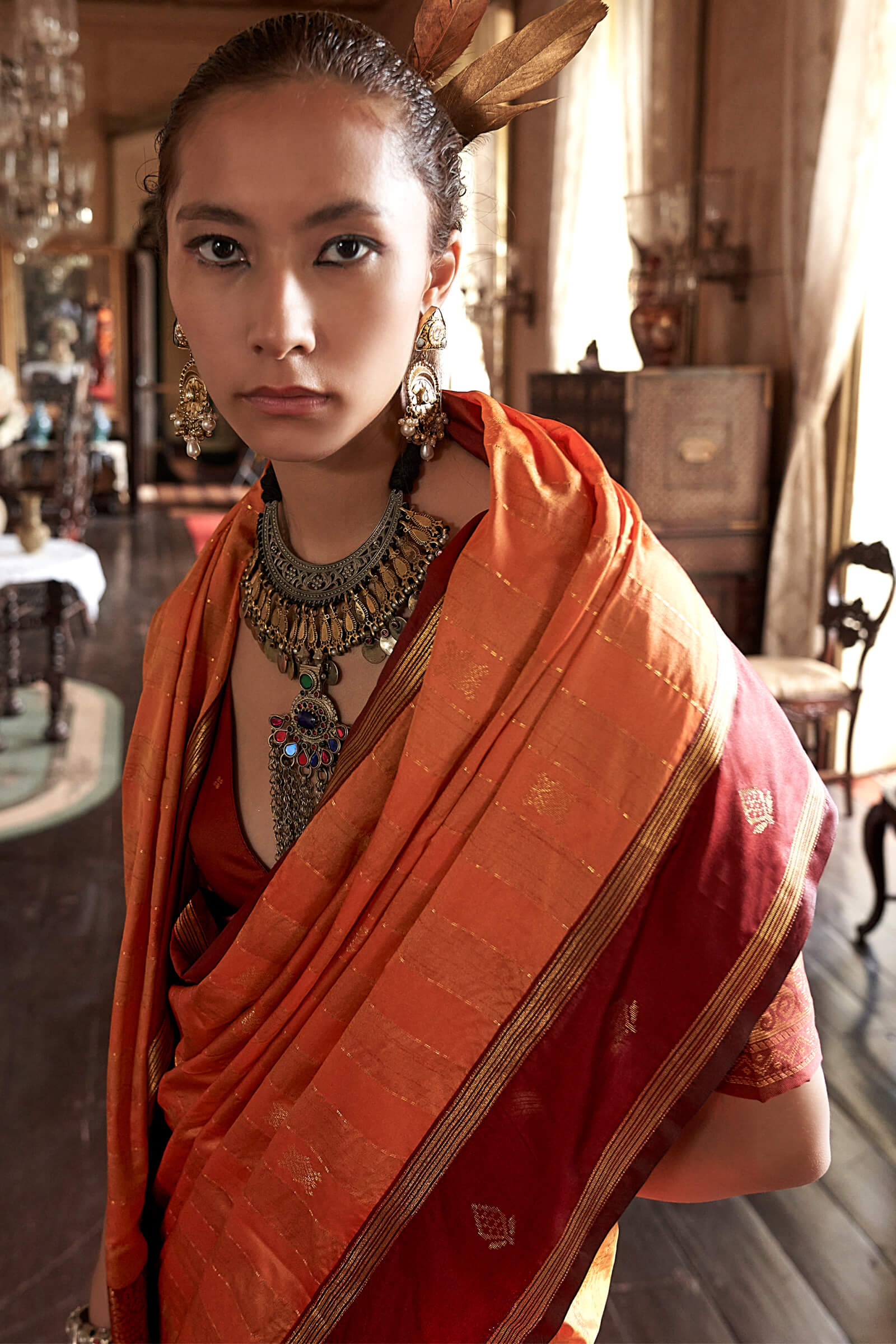 Exceptional Orange Banarasi Tussar Silk Saree With Imaginative Blouse Piece