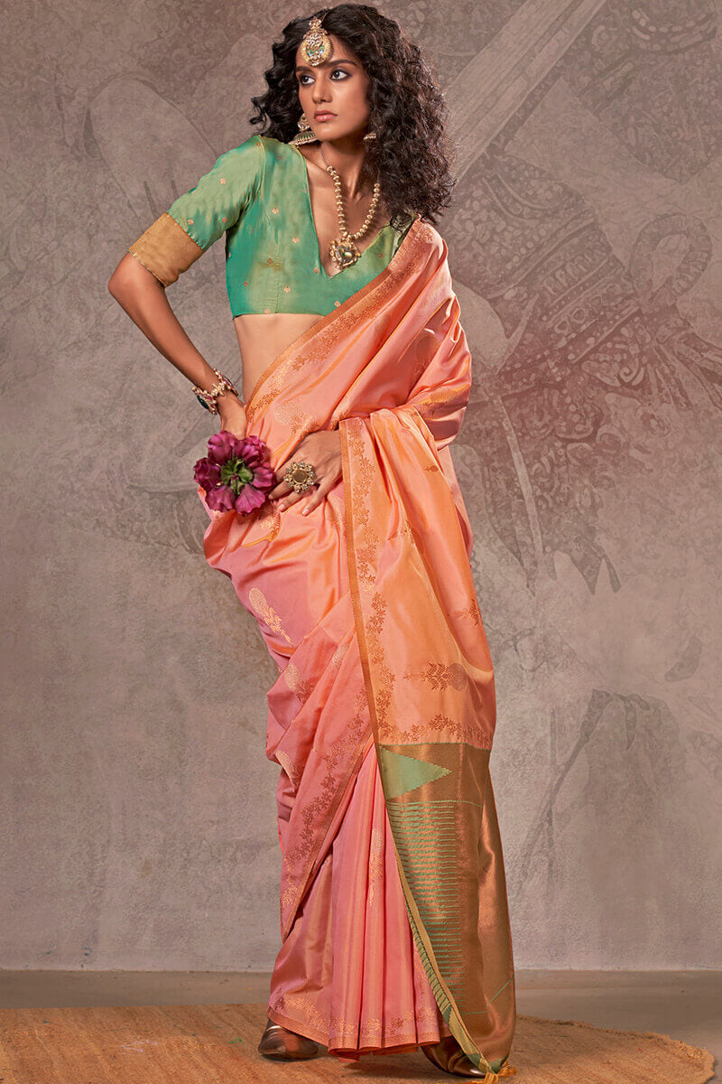 Breathtaking Peach Two Tone Soft Banarasi Silk Saree With Marvellous Blouse