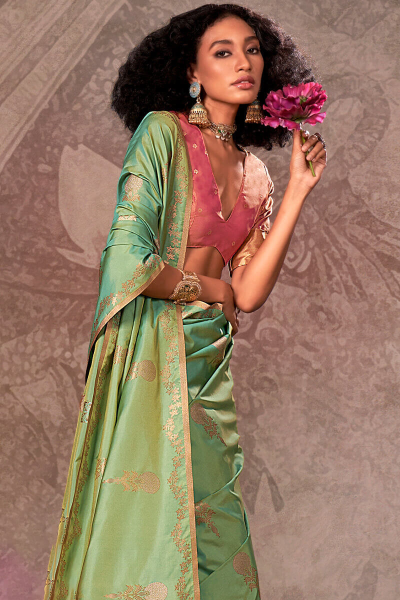 Prominent Pista Two Tone Soft Banarasi Silk Saree With Precious Blouse