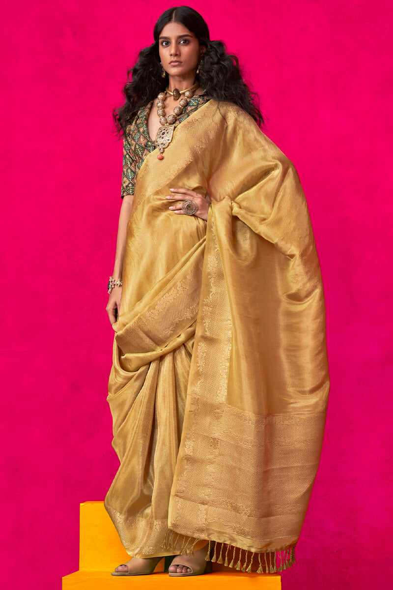 Engrossing Yellow Soft Banarasi Tissue Silk Saree With Scintilla Blouse Piece