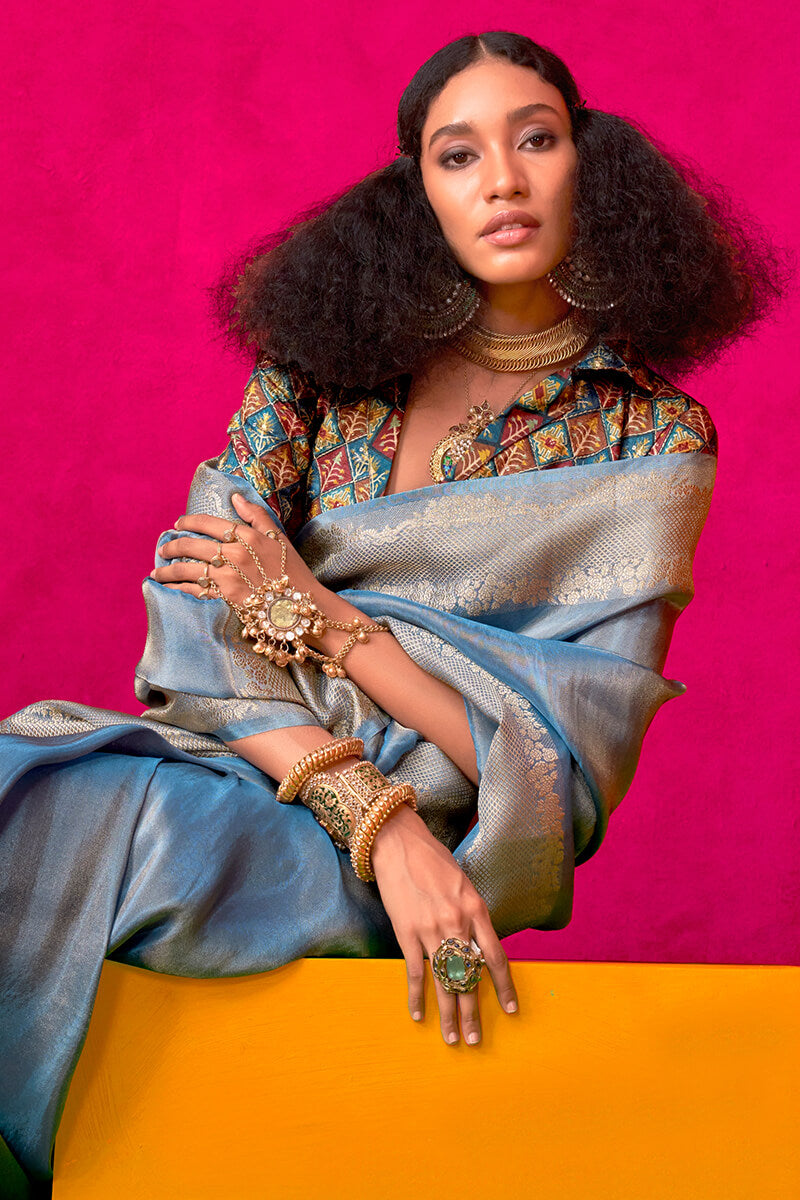 Ravishing Blue Soft Banarasi Tissue Silk Saree With Seraphic Blouse Piece