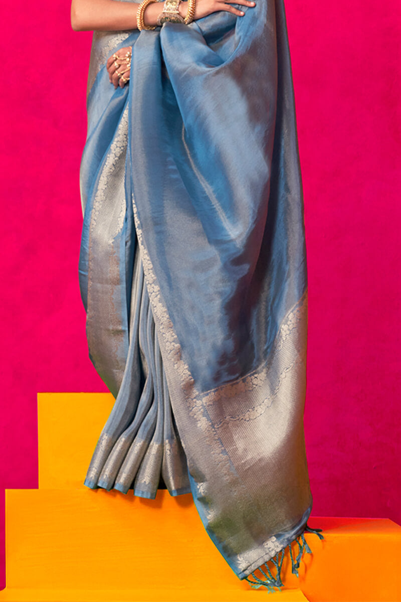 Ravishing Blue Soft Banarasi Tissue Silk Saree With Seraphic Blouse Piece