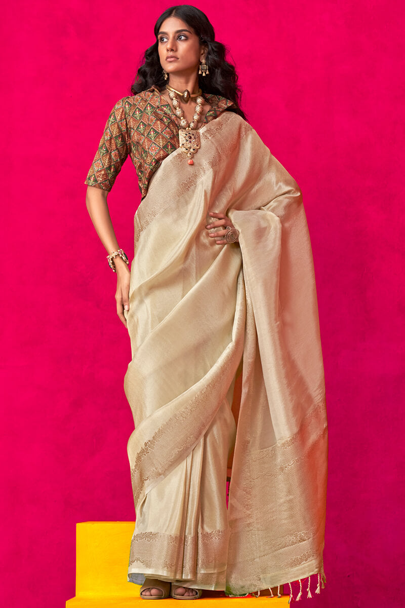 Vivacious Beige Soft Banarasi Tissue Silk Saree With Bewitching Blouse Piece