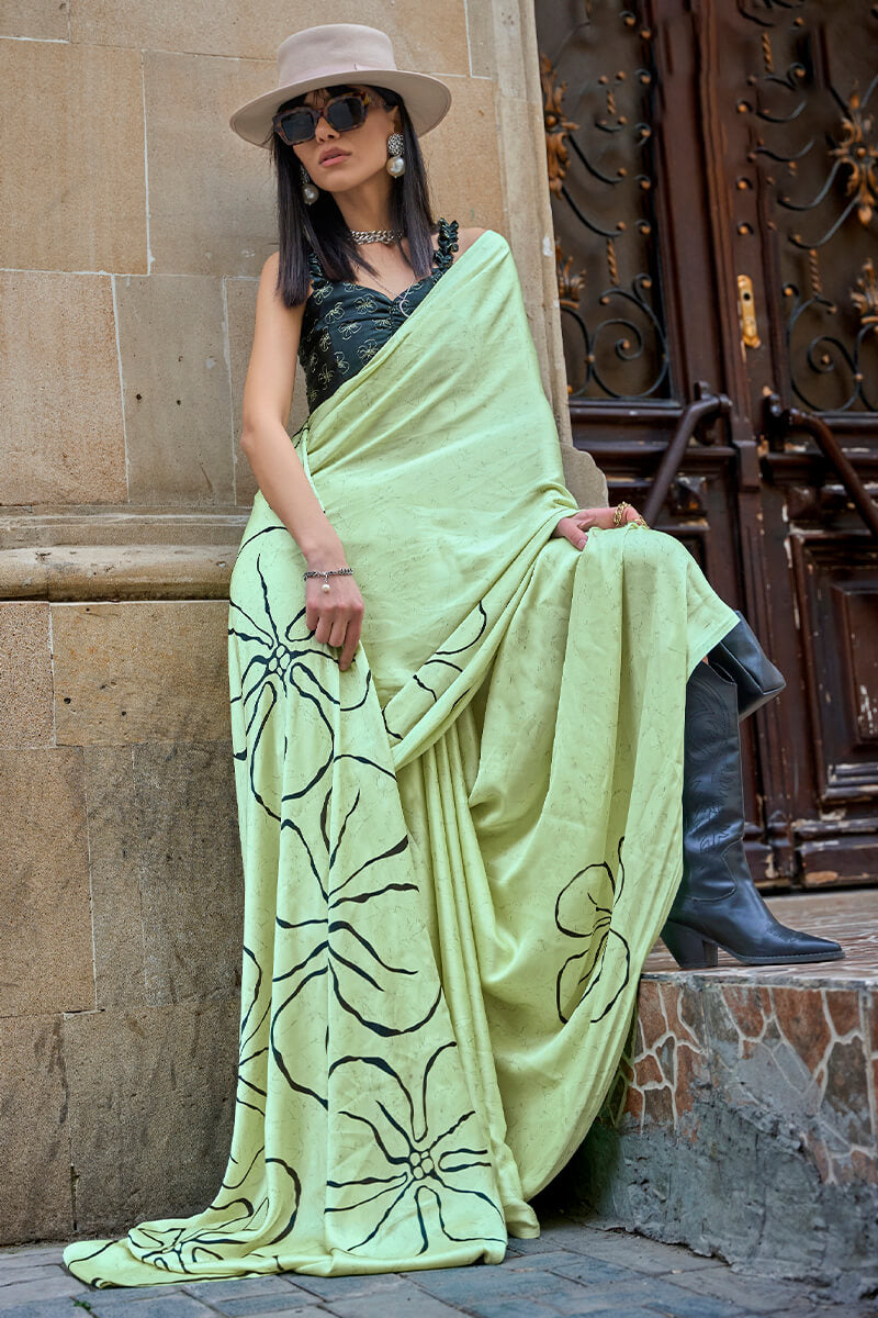 Mellifluous Pista Digital Printed Satin Silk Saree With Staggering Blouse Piece