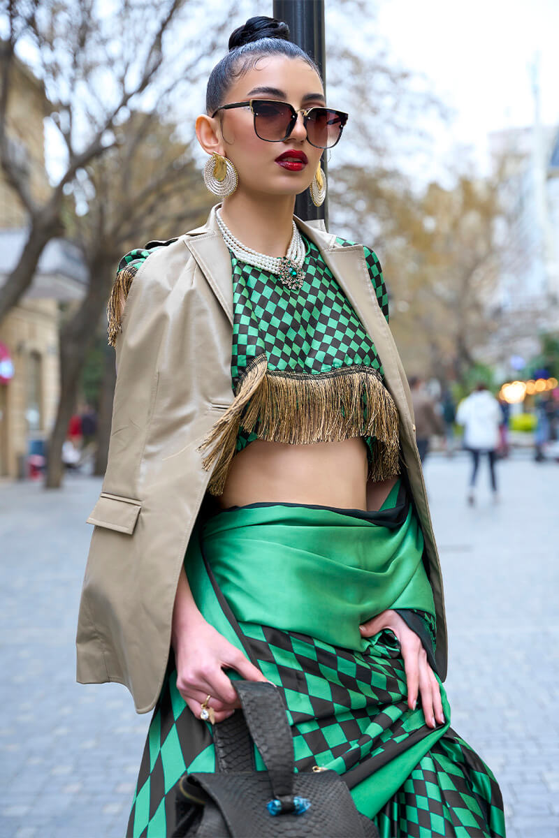 Scintilla Sea Green Digital Printed Satin Silk Saree With Supernal Blouse Piece