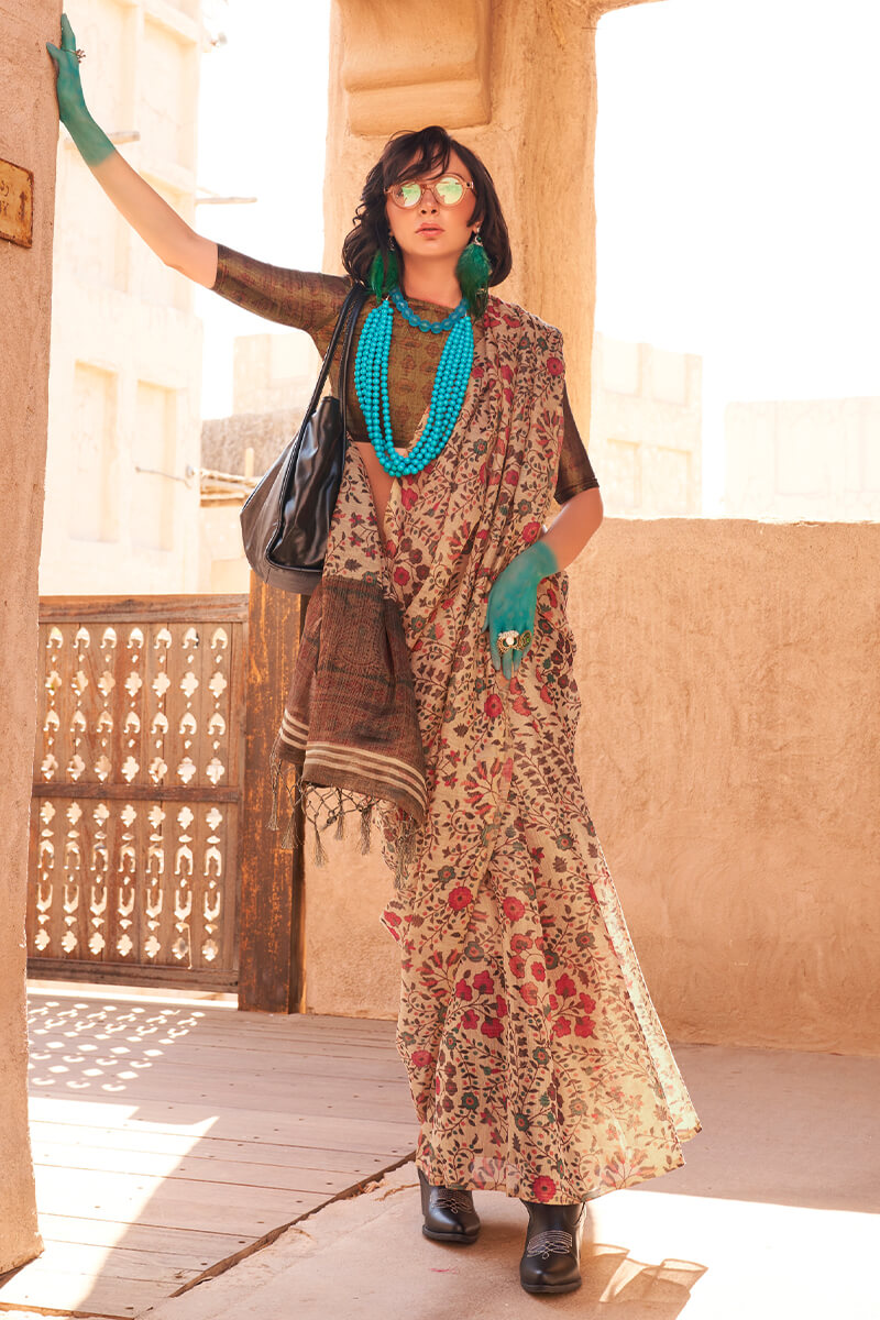 Entrancing Beige Digital Printed Tissue Silk Saree With Ideal Blouse Piece