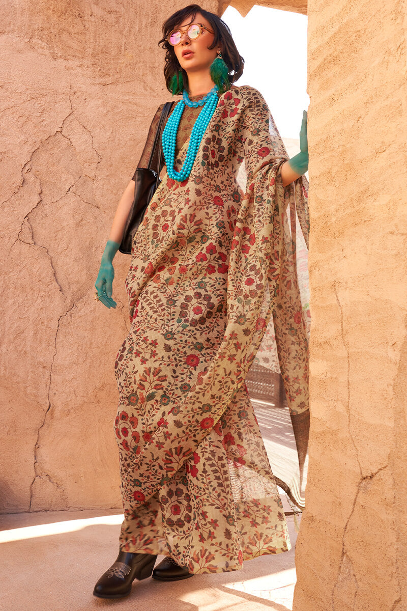 Entrancing Beige Digital Printed Tissue Silk Saree With Ideal Blouse Piece