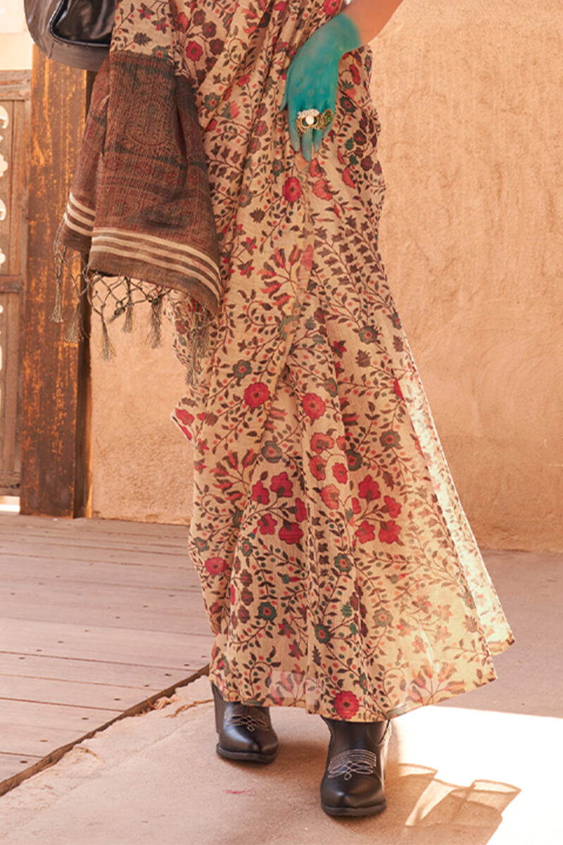 Entrancing Beige Digital Printed Tissue Silk Saree With Ideal Blouse Piece
