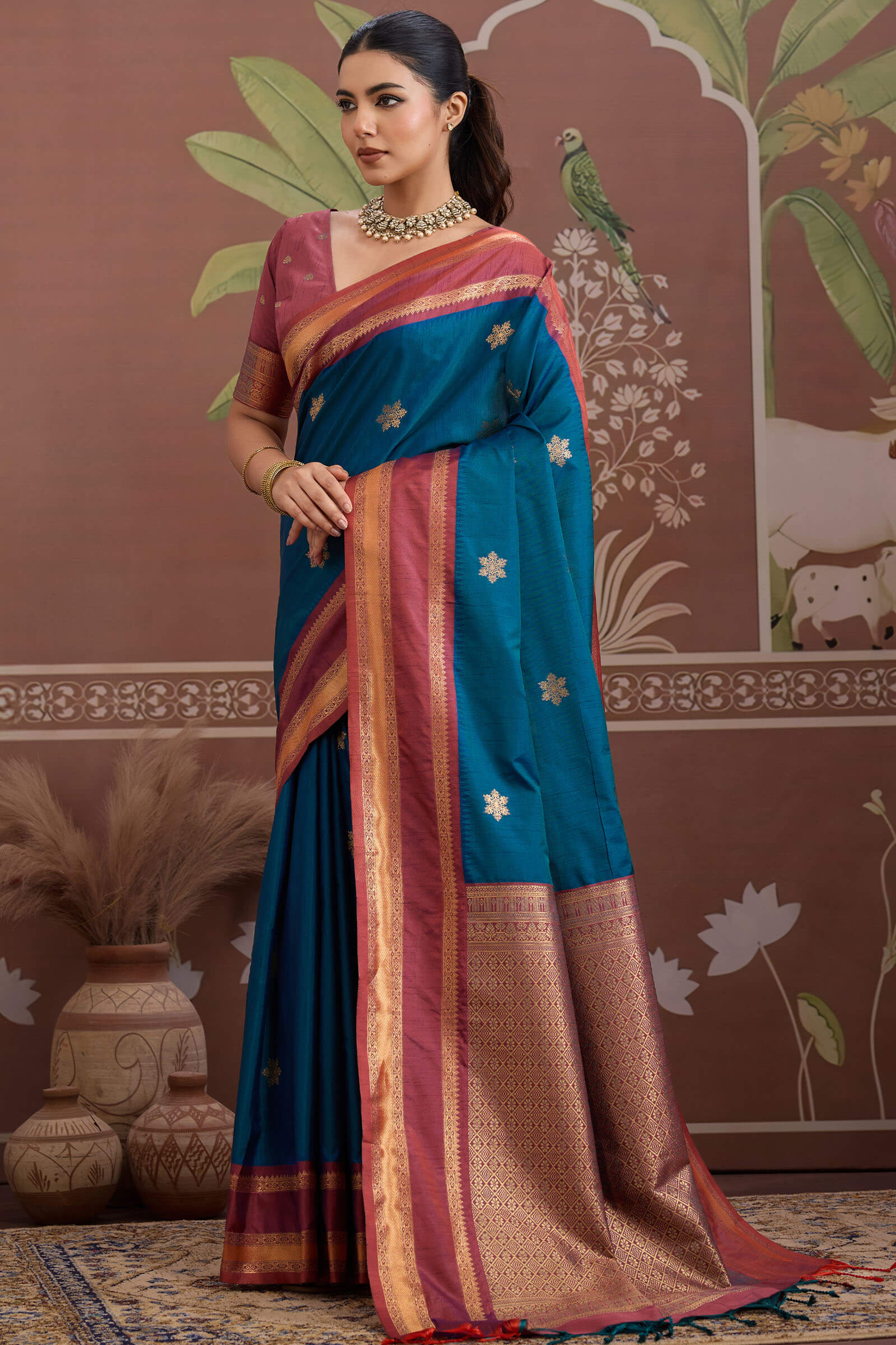 Preferable Navy Blue Banarasi Tussar Silk Saree With Evanescent Blouse Piece