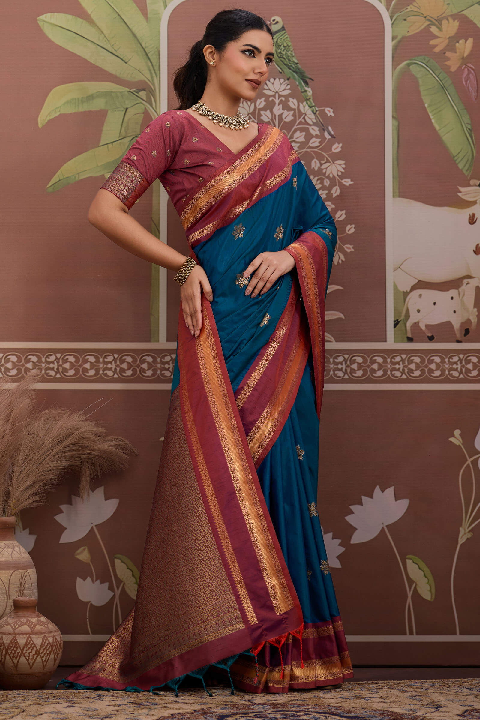 Preferable Navy Blue Banarasi Tussar Silk Saree With Evanescent Blouse Piece
