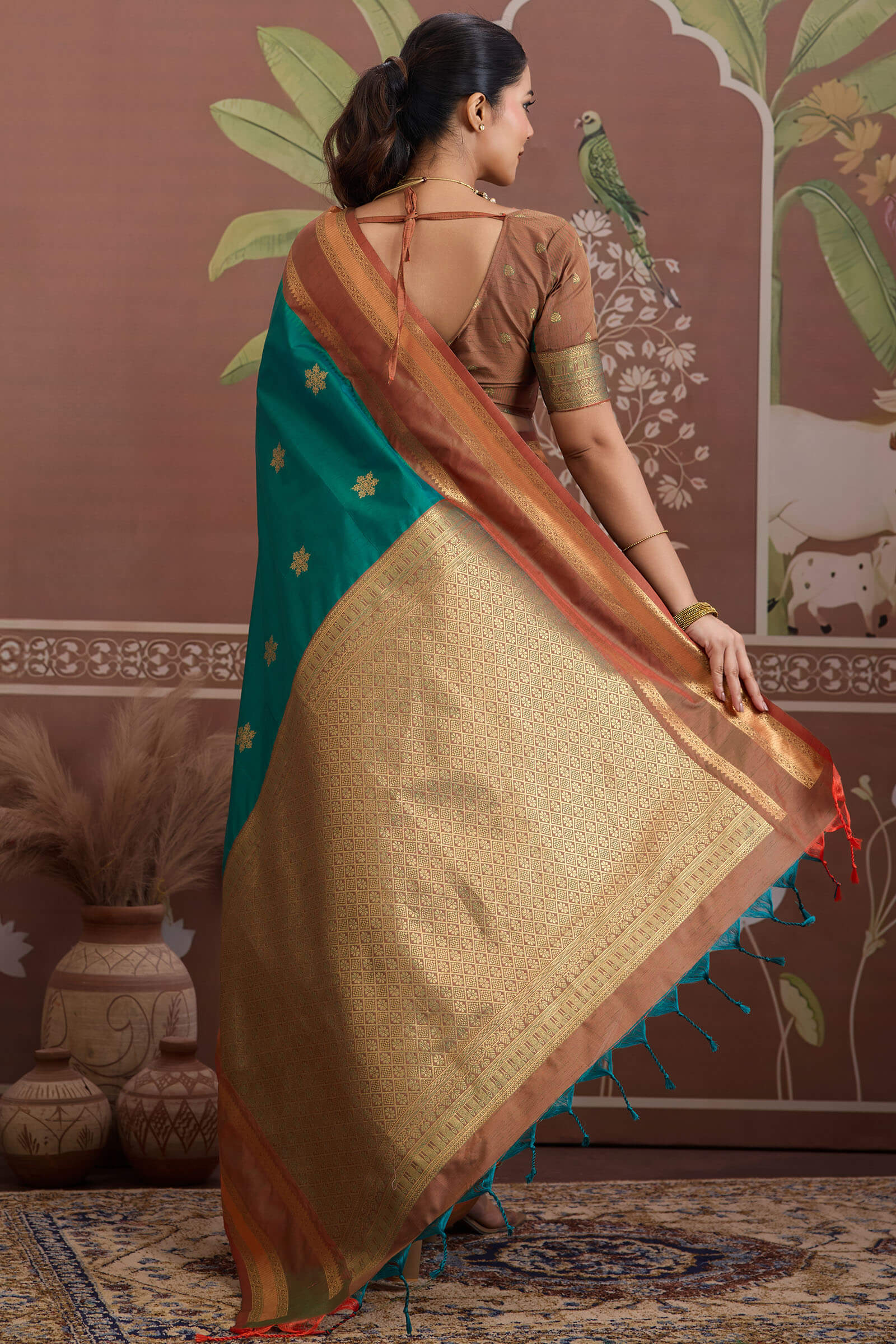 Petrichor Rama Banarasi Tussar Silk Saree With Verdant Blouse Piece
