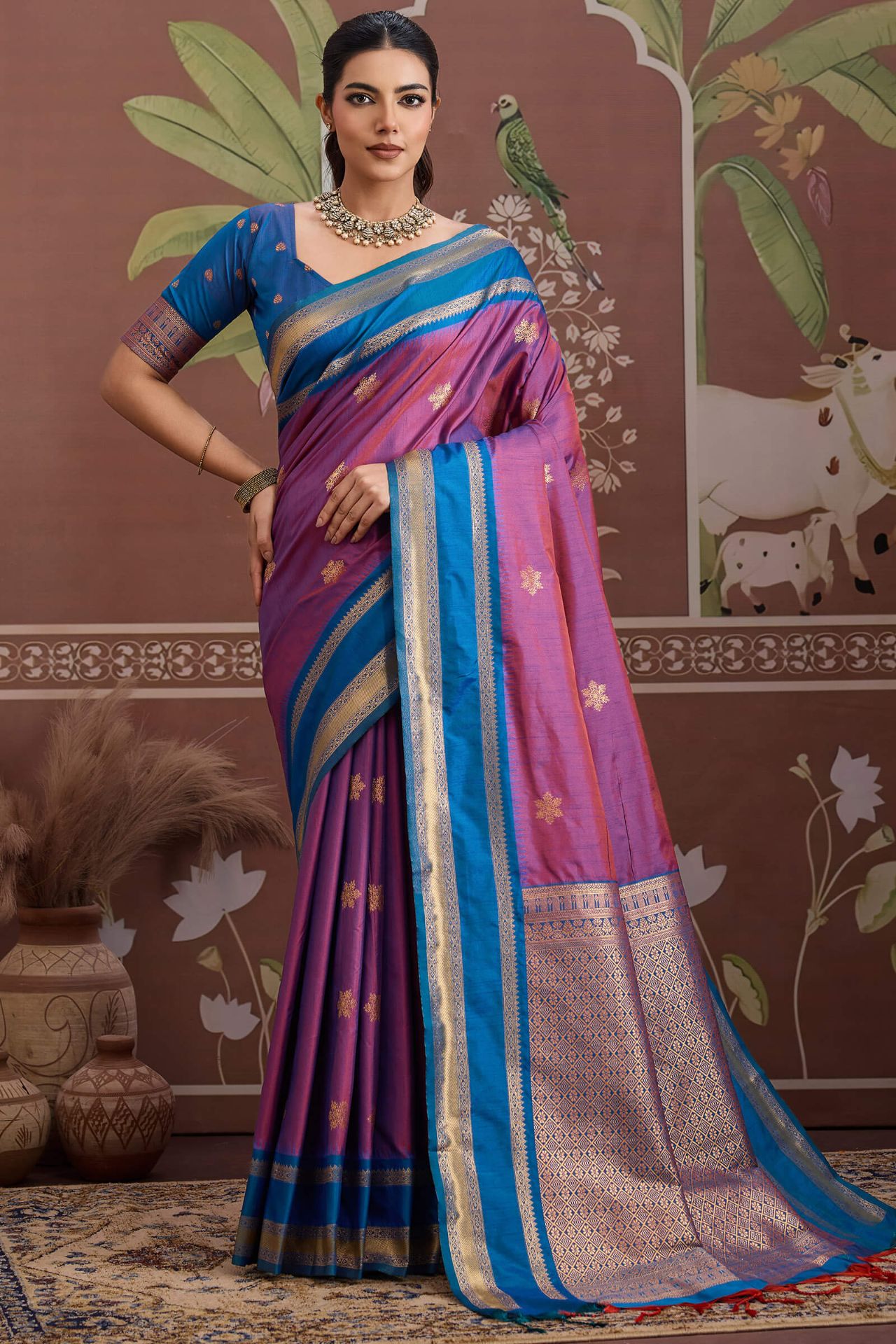 Diaphanous Lavender Banarasi Tussar Silk Saree With Vestigial Blouse Piece