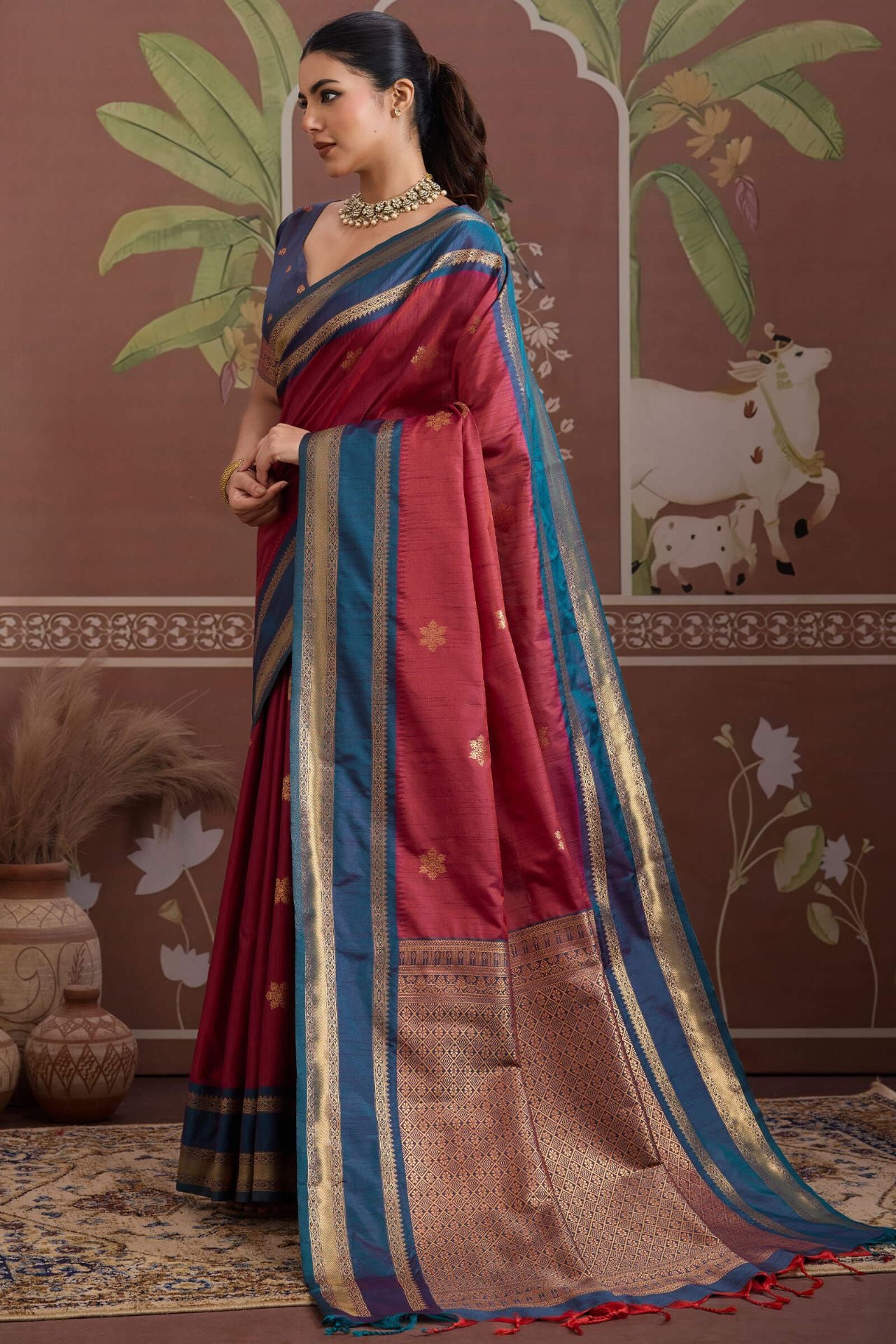 Deserving Maroon Banarasi Tussar Silk Saree With Beleaguer Blouse Piece