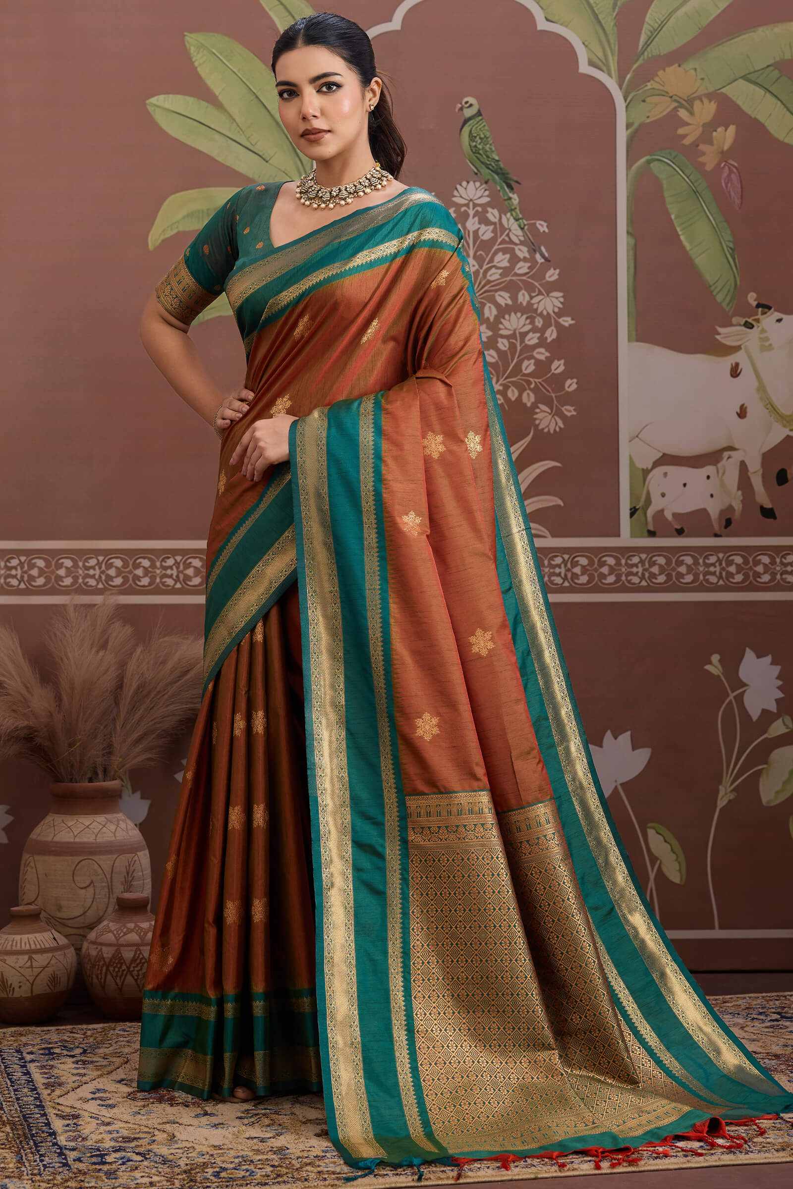Delightful Brown Banarasi Tussar Silk Saree With Energetic Blouse Piece