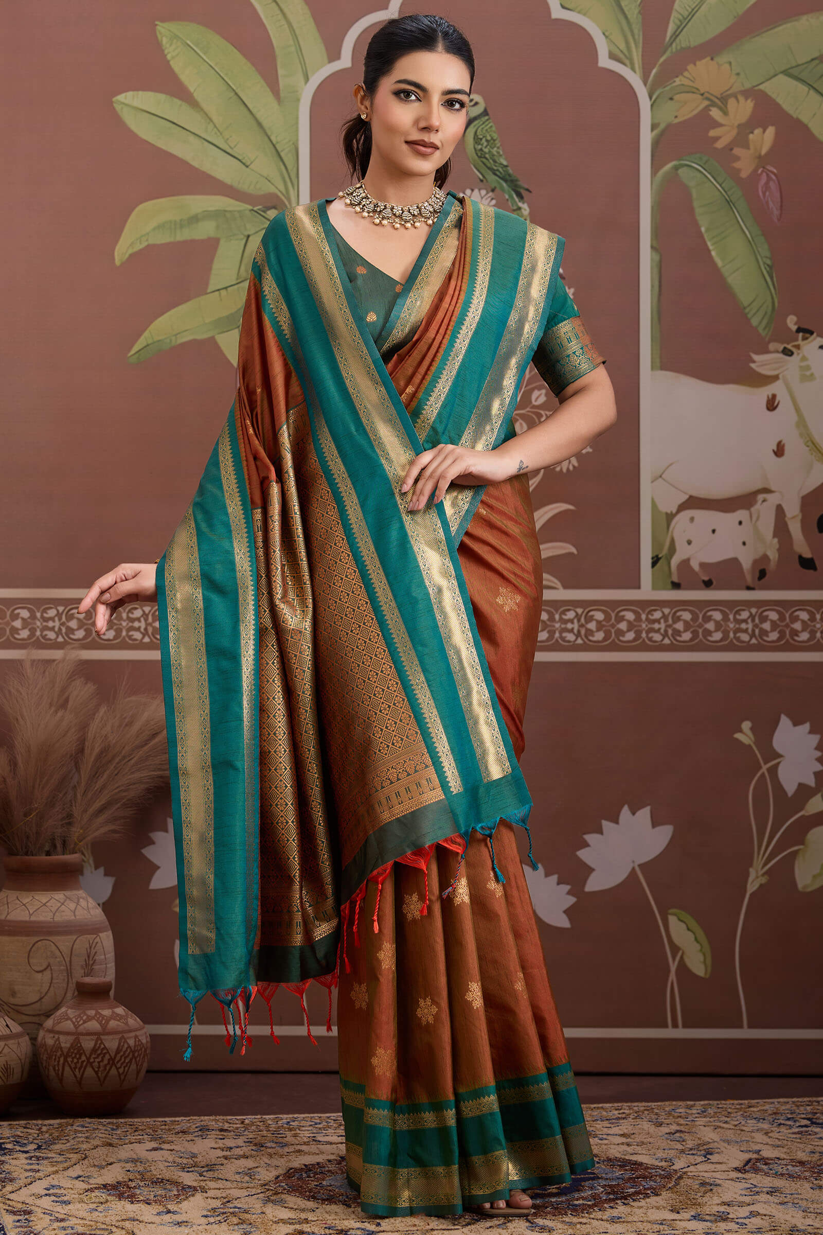Delightful Brown Banarasi Tussar Silk Saree With Energetic Blouse Piece