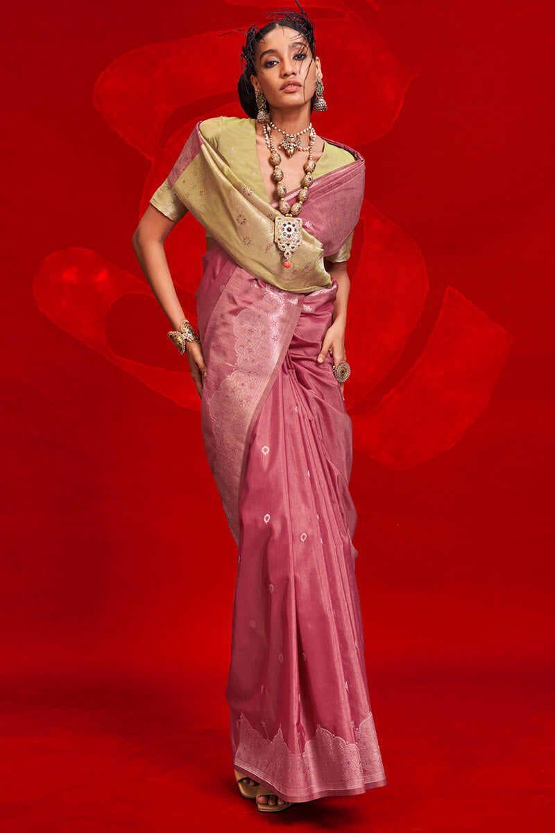 Incredible Pink Soft Banarasi Silk Saree With Fragrant Blouse Pieced