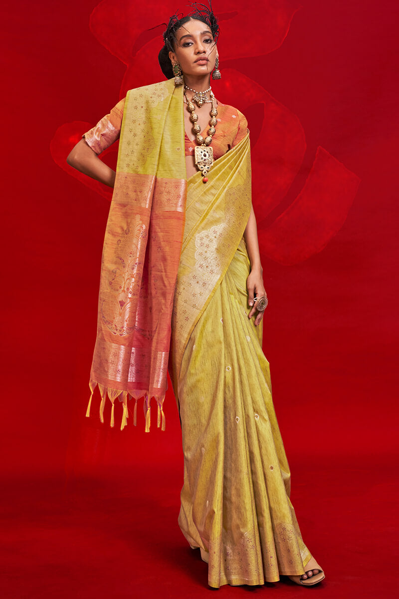 Rhapsody Yellow Soft Banarasi Silk Saree With Ravishing Blouse Piece