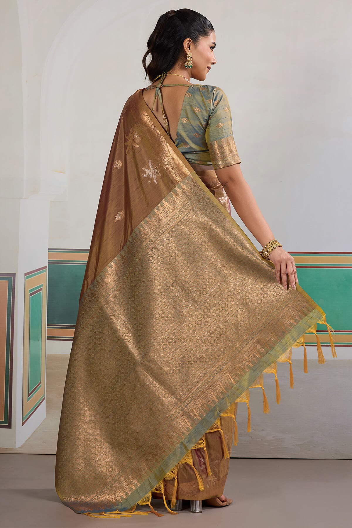 Magnetic Brown Banarasi Tussar Silk Saree With Bewitching Blouse Piece
