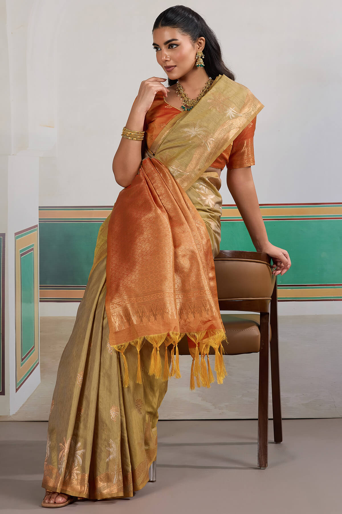 Supernal Beige Banarasi Tussar Silk Saree With Artistic Blouse Piece