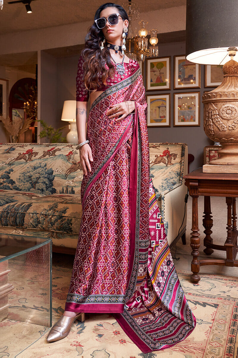 Aplomb Wine Digital Printed Satin Silk Saree With Ravishing Blouse Piece