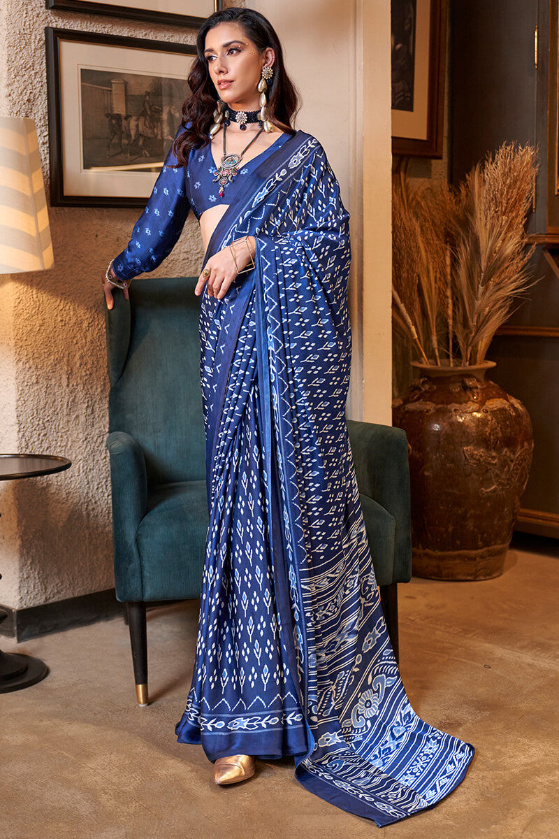 Scrupulous Navy Blue Digital Printed Satin Silk Saree With Lustrous Blouse Piece