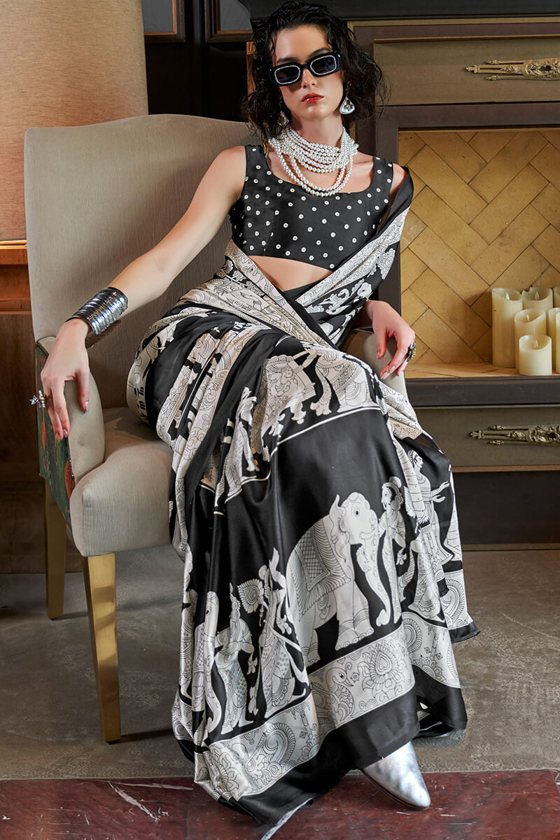 Vibrant Black and White Digital Printed Satin Silk Saree With Whimsical Blouse Piece