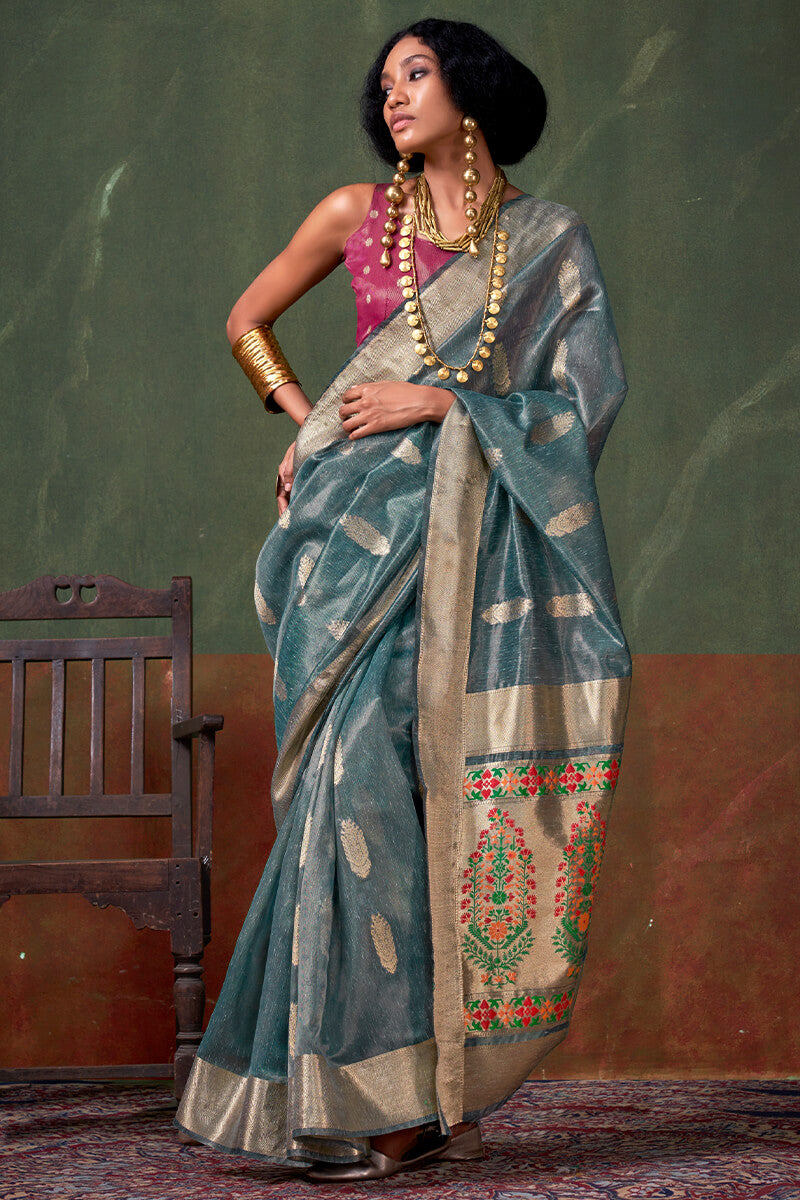 Piquant Rama Paithani Pure Tissue Silk Saree With Enticing Blouse Piece