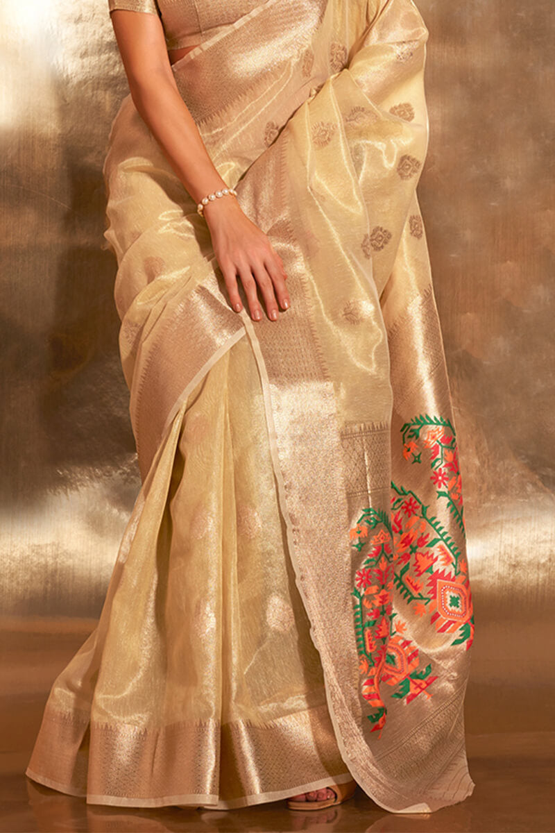 Intricate Beige Paithani Silk Saree With Capricious Blouse Piece