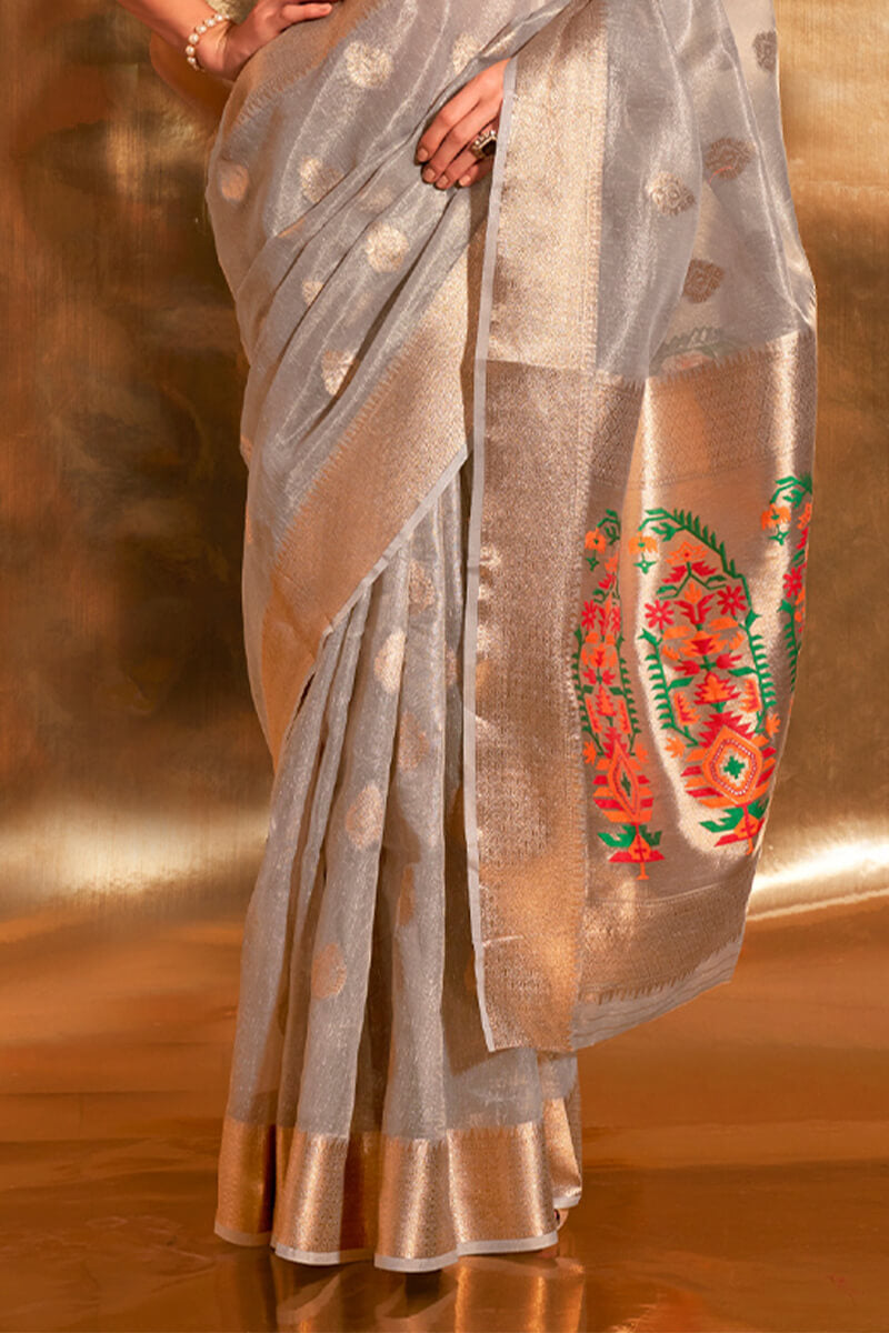 Grey Banarasi Tissue Silk Saree With Woven Paithani Designer main image 1