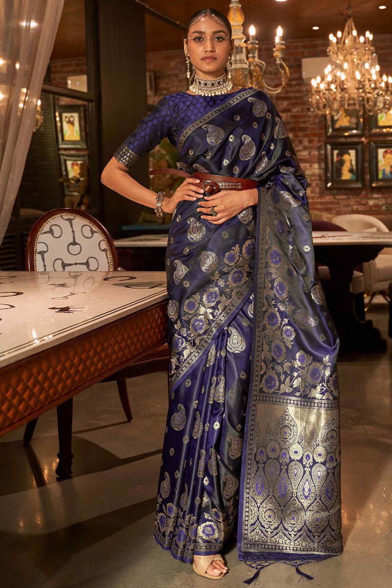 Shop Navy Blue Banarasi Strappy Sari Blouse Online in USA