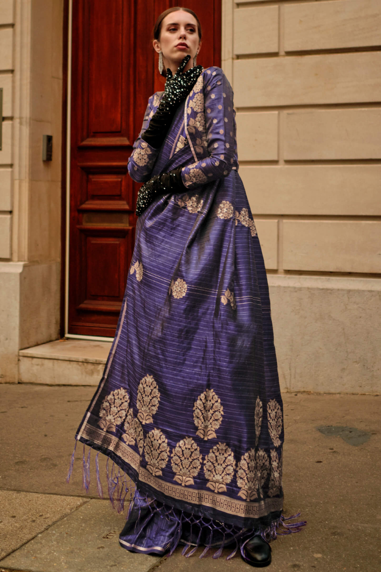 Divine Navy Blue Banarasi Satin Silk Saree With Eloquence Blouse