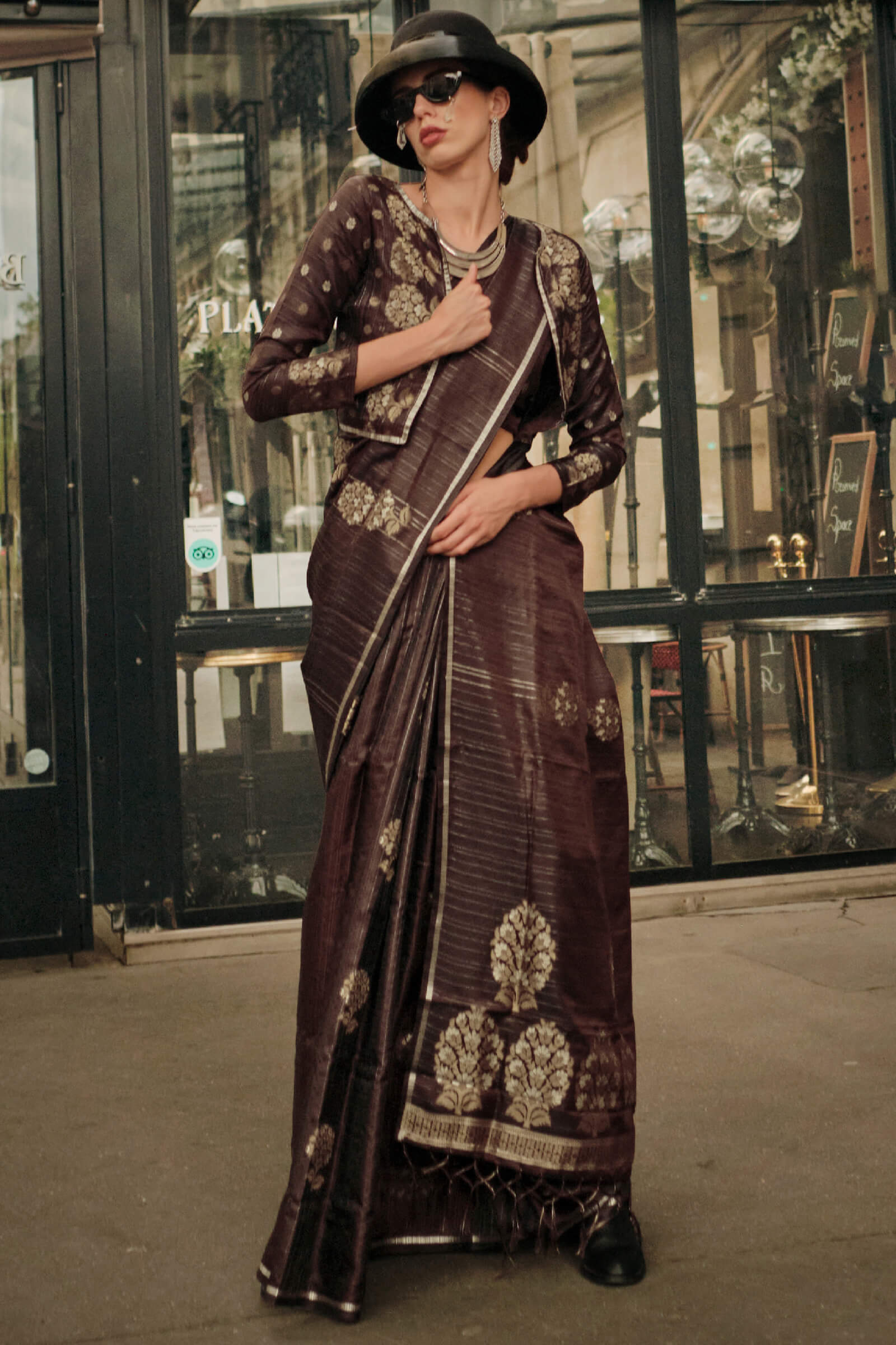 Engrossing Brown Banarasi Satin Silk Saree With Moiety Blouse