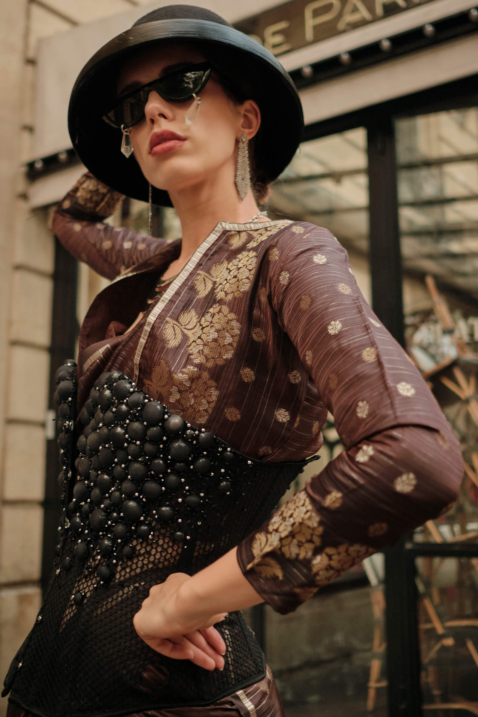 Engrossing Brown Banarasi Satin Silk Saree With Moiety Blouse