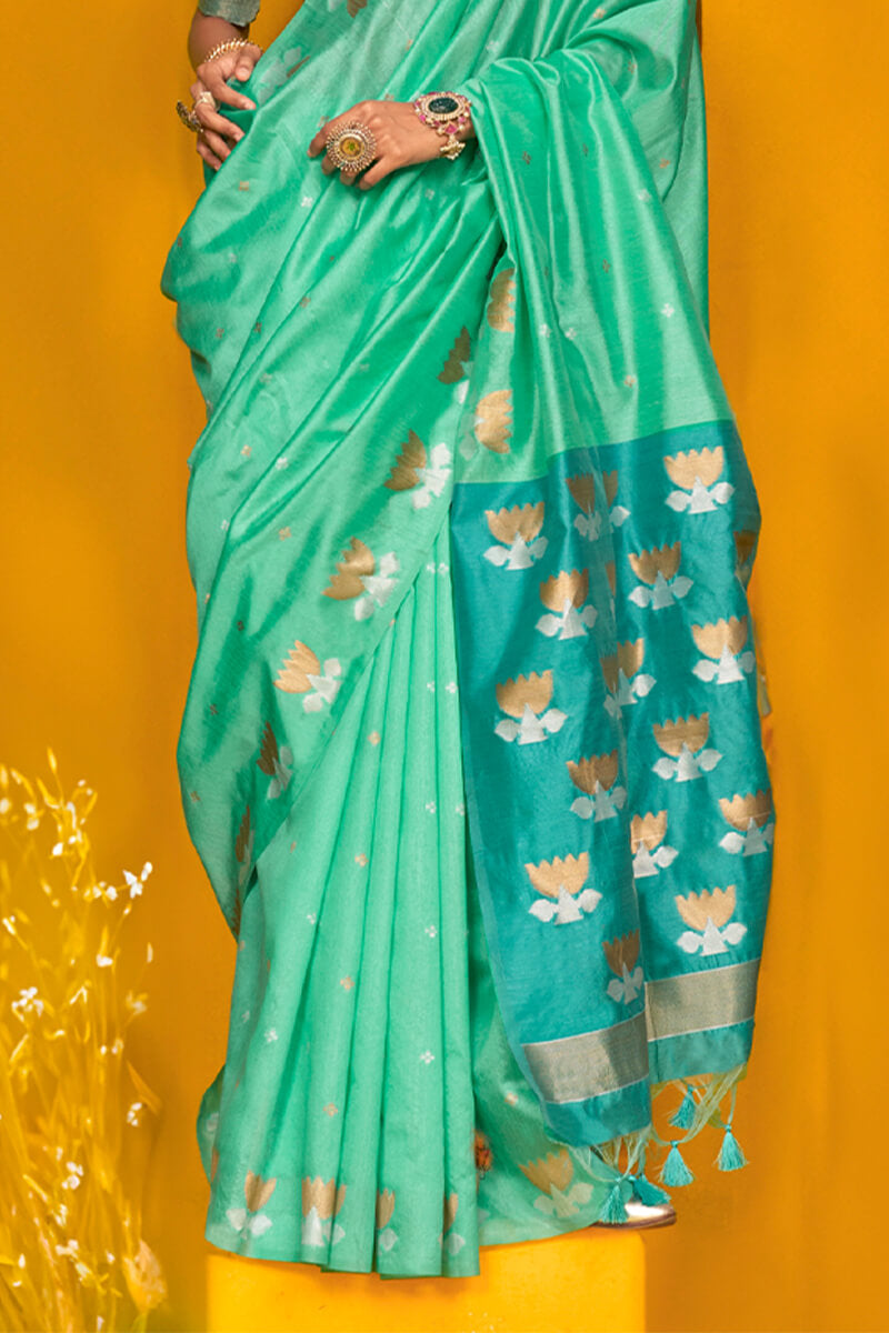 Assemblage Turquoise Soft Banarasi Silk Saree With Epiphany Blouse Piece