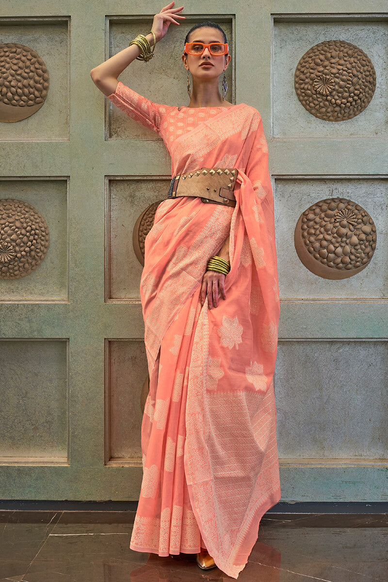 Outstanding Peach Soft Silk Saree With Intricate Blouse Piece –  LajreeDesigner